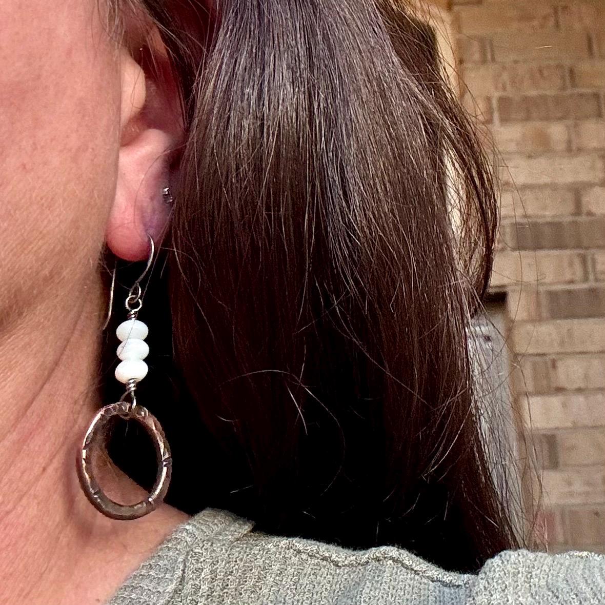 Artisan Copper & Sterling Silver Earrings with Mother of Pearl - Unique Mixed Metal Jewelry