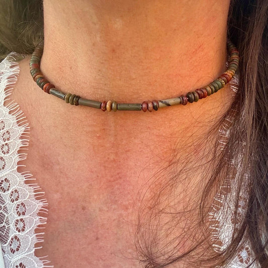 Picasso Red Creek Jasper Choker Necklace - Elegant Memory Wire Design