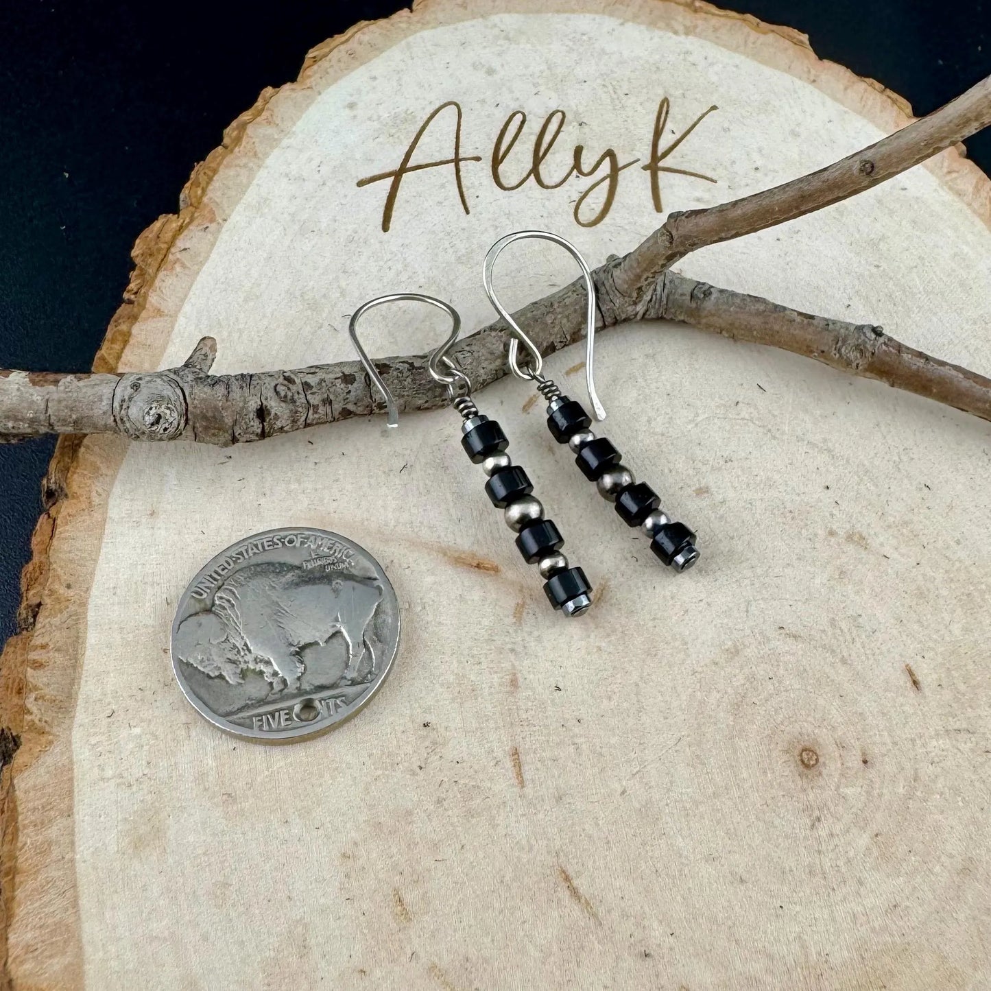 Sterling Silver Desert Pearl Earrings • Black Onyx & Hematite • 1.5" Dangles