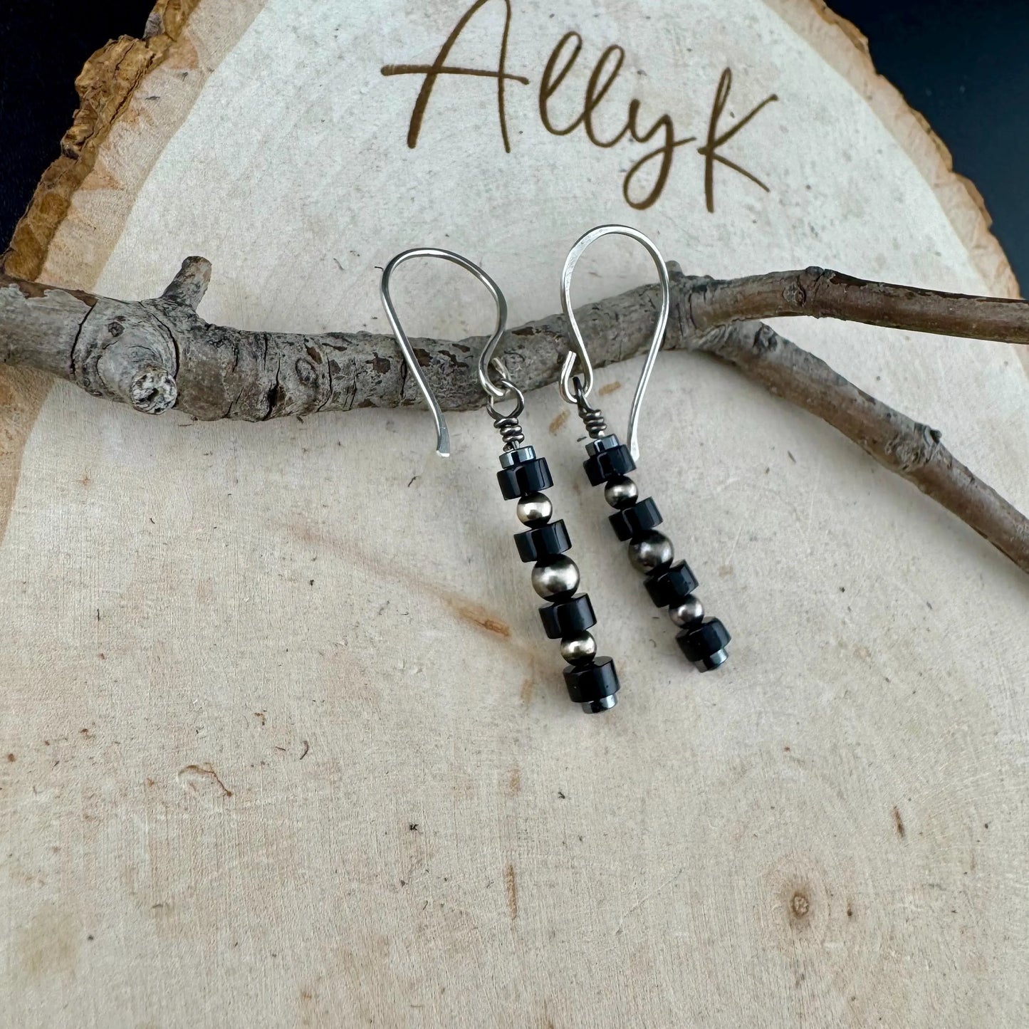 Navajo Pearl Earrings with Hematite & Onyx, Sterling Silver Gemstone Dangle Earrings