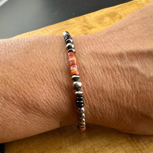 Onyx & Navajo Pearl Bracelet with Spiny Oyster – Sterling Silver Gemstone Jewelry