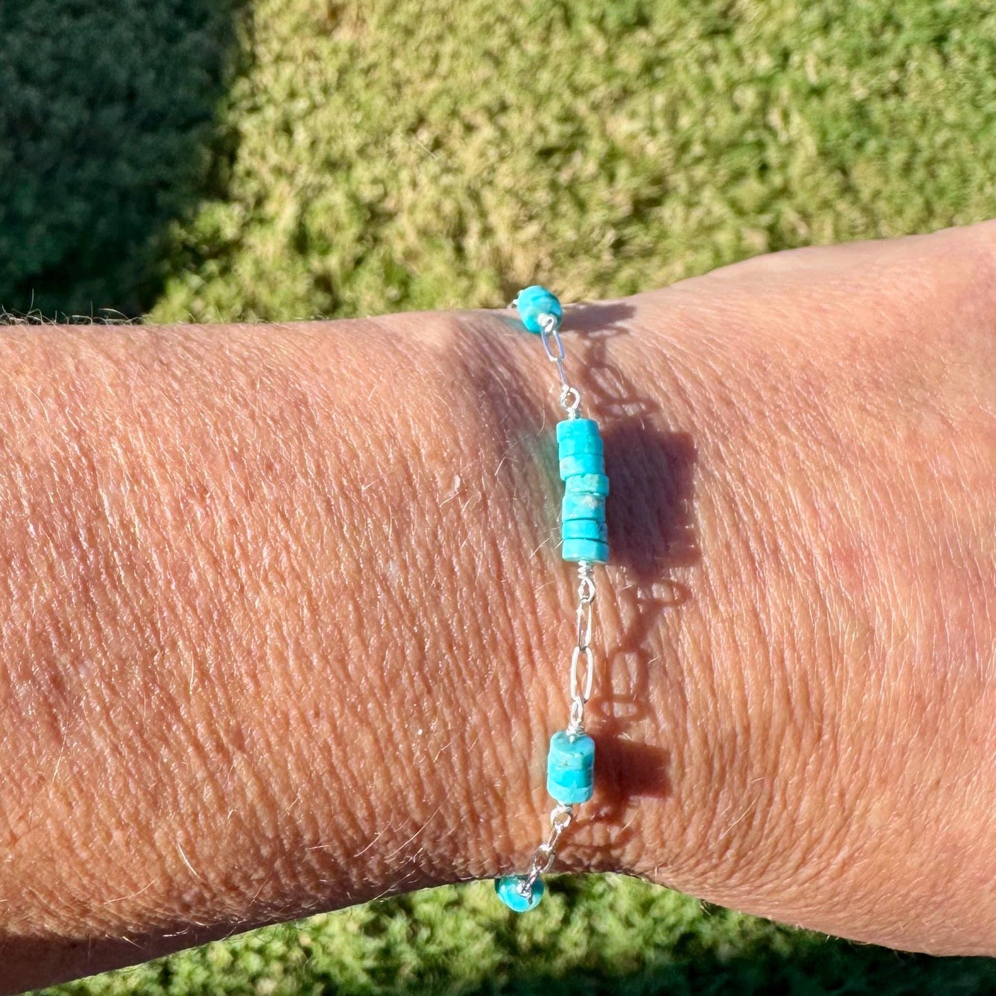 Kingman Turquoise Wire Wrapped Bracelet with Sterling Silver Cable Chain
