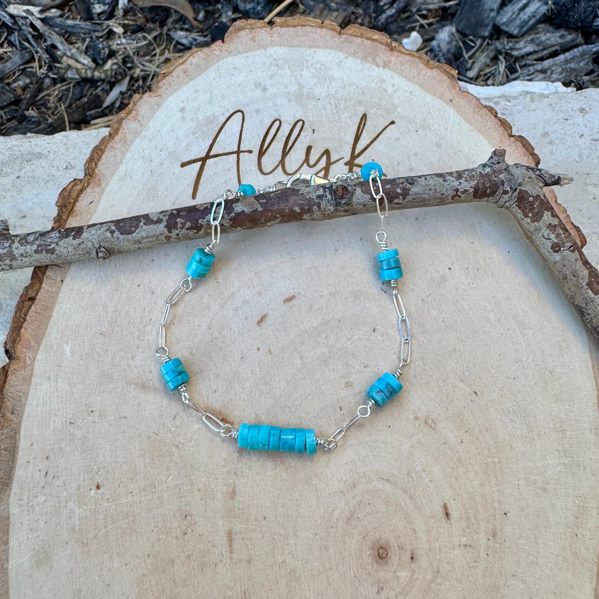 Kingman Turquoise Wire Wrapped Bracelet with Sterling Silver Cable Chain