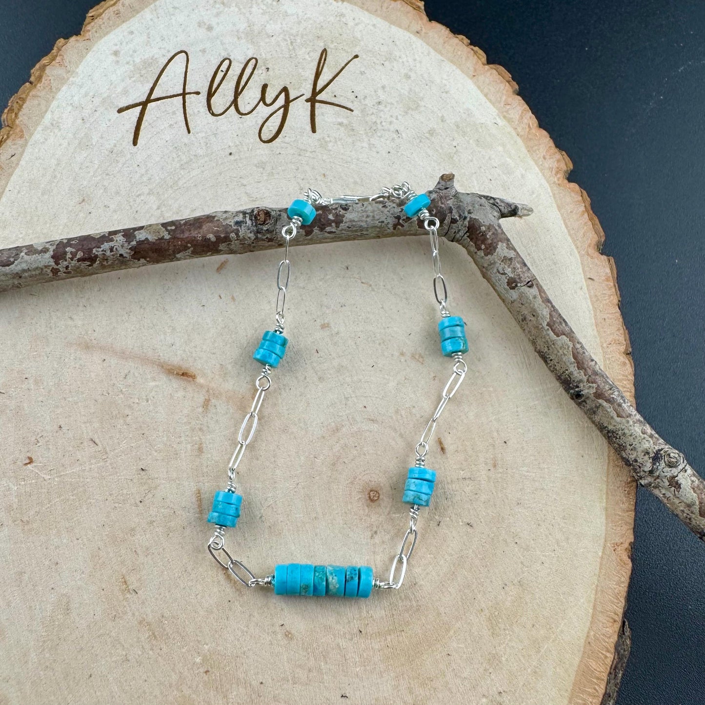 Kingman Turquoise Wire Wrapped Bracelet with Sterling Silver Cable Chain