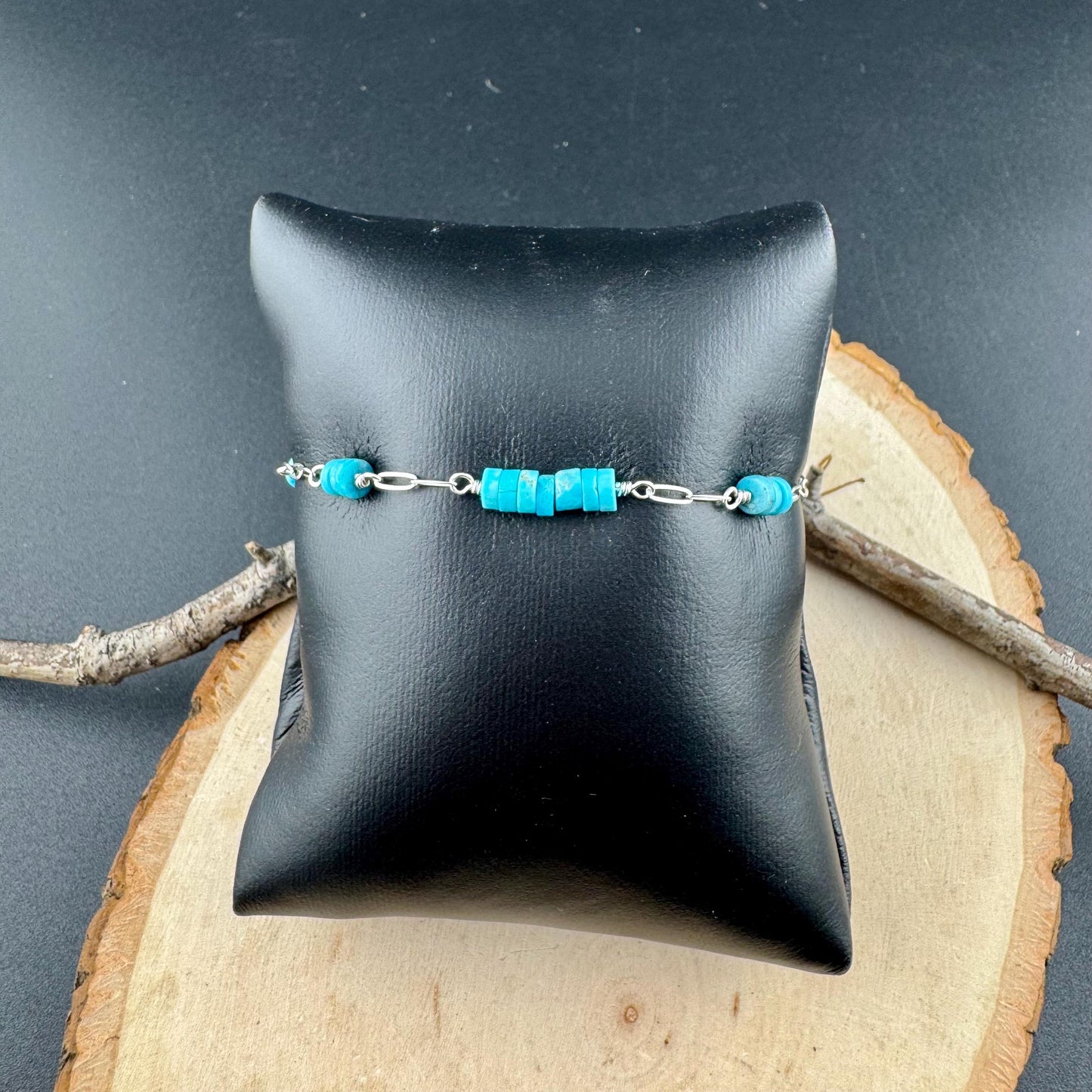 Kingman Turquoise Wire Wrapped Bracelet with Sterling Silver Cable Chain