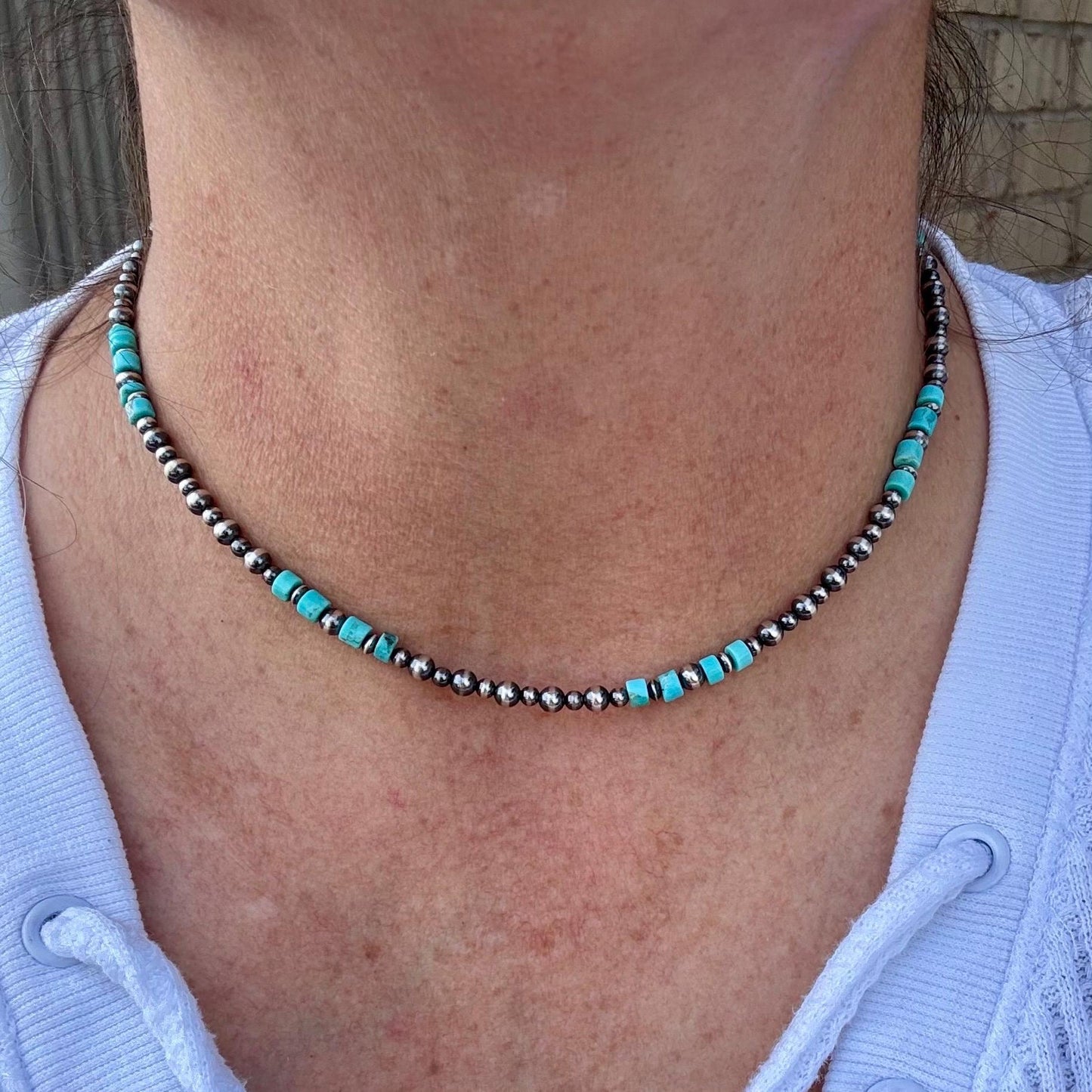 Turquoise Choker Necklace with Kingman & Navajo Pearl in Sterling Silver