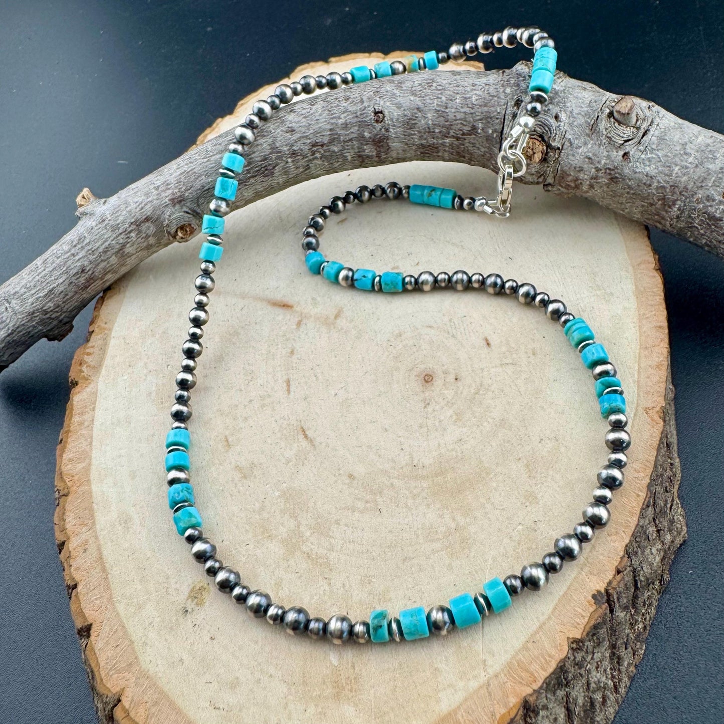 Turquoise Choker Necklace with Kingman & Navajo Pearl in Sterling Silver