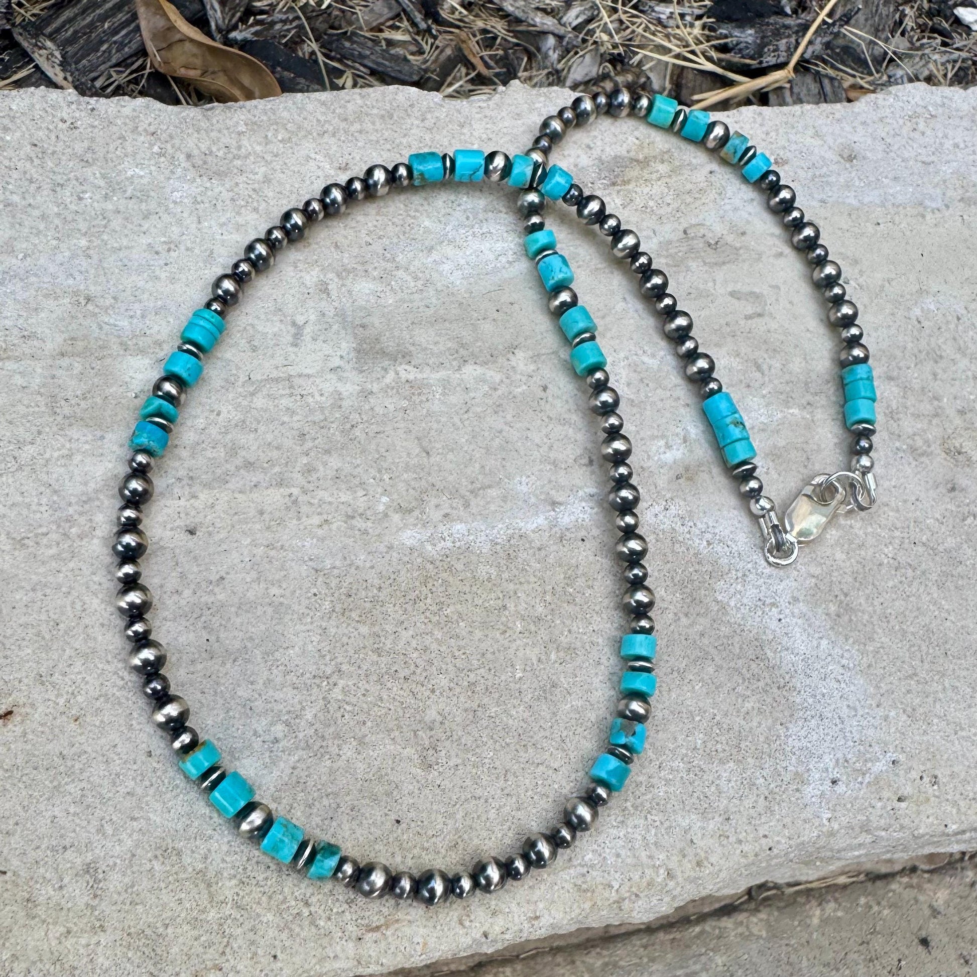 Turquoise Choker Necklace with Kingman & Navajo Pearl in Sterling Silver