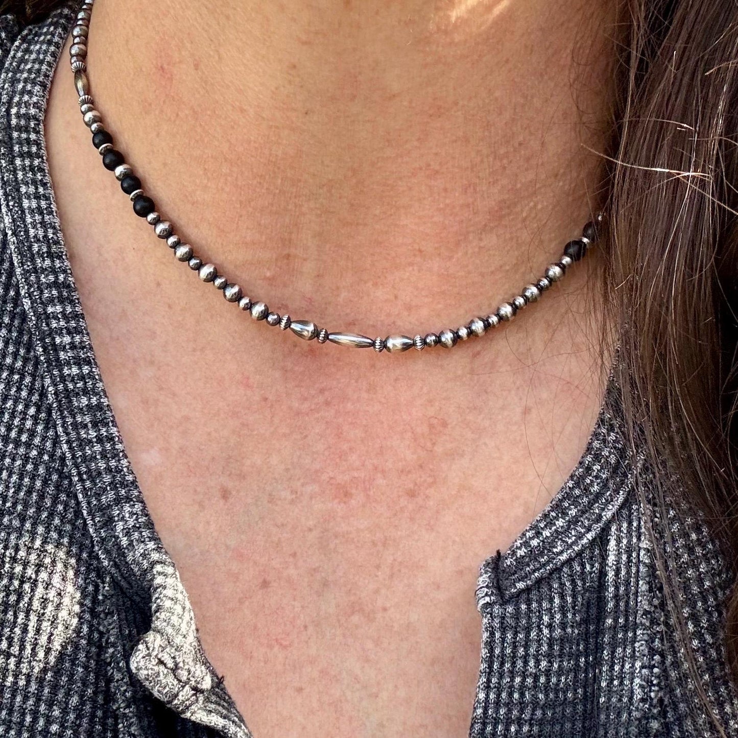 Navajo Pearl & Black Onyx Necklace - Elegant Sterling Silver Gemstone Jewelry