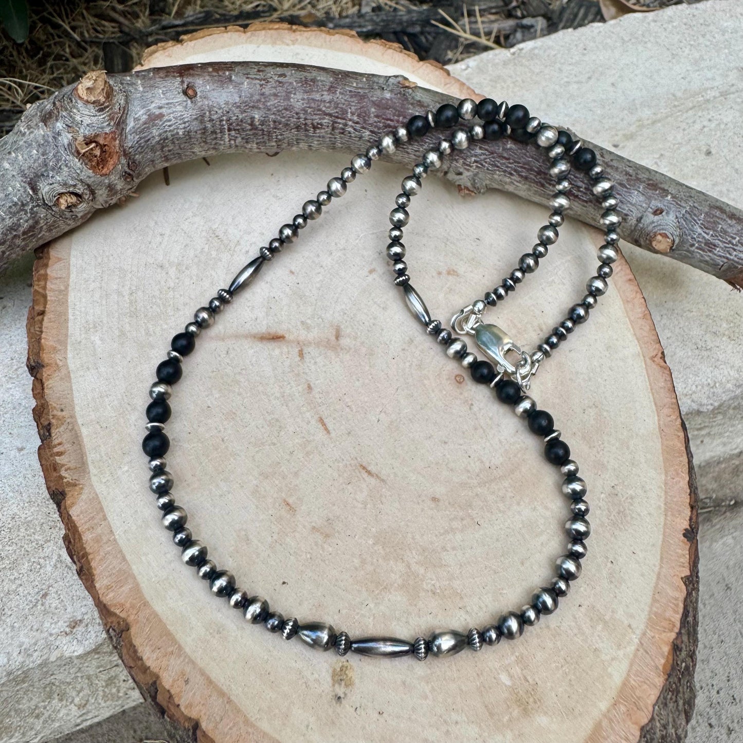 Navajo Pearl & Black Onyx Necklace - Elegant Sterling Silver Gemstone Jewelry