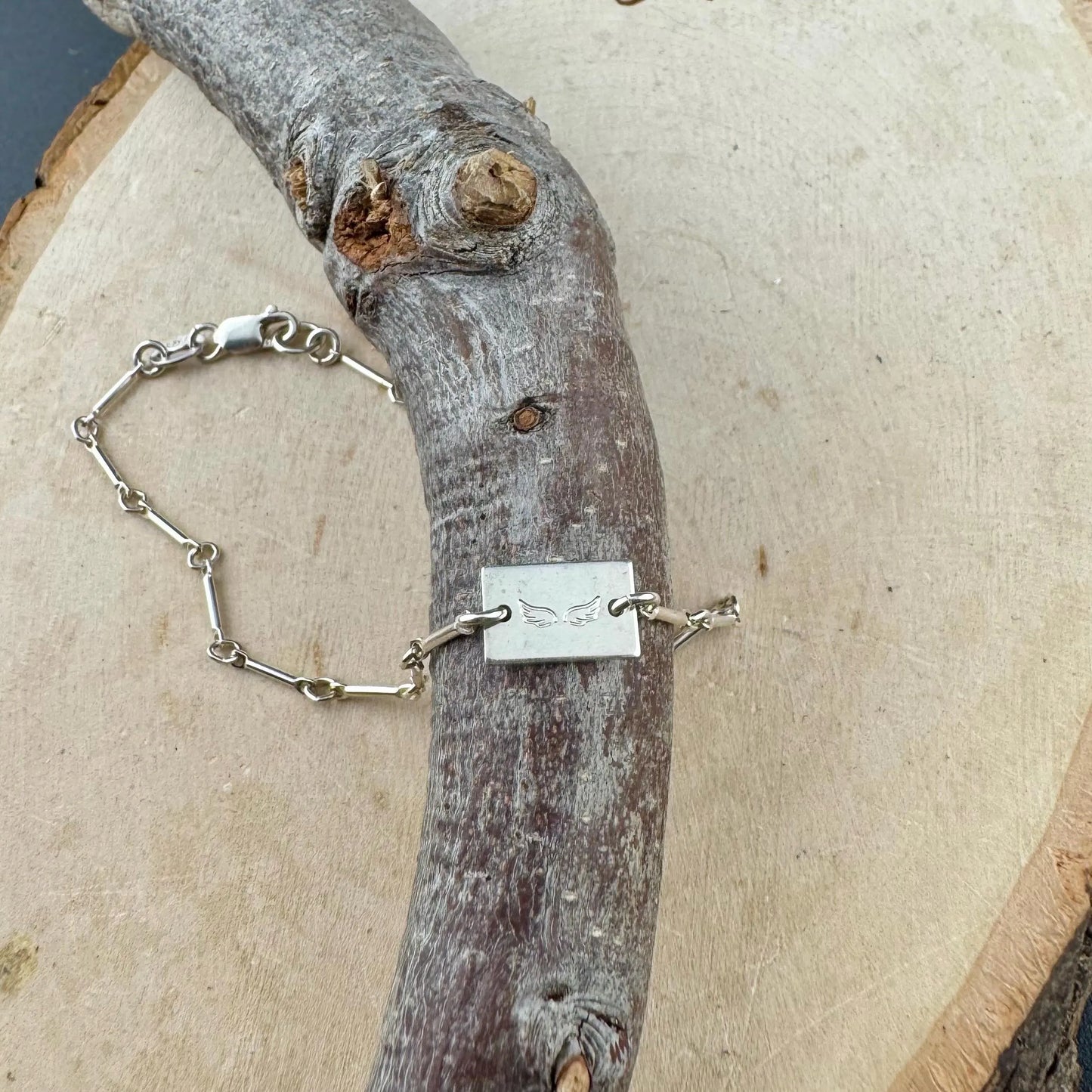 Sterling Silver Angel Wing Connector Bracelet – Dainty Bar & Ring Chain | Minimalist Stackable Jewelry