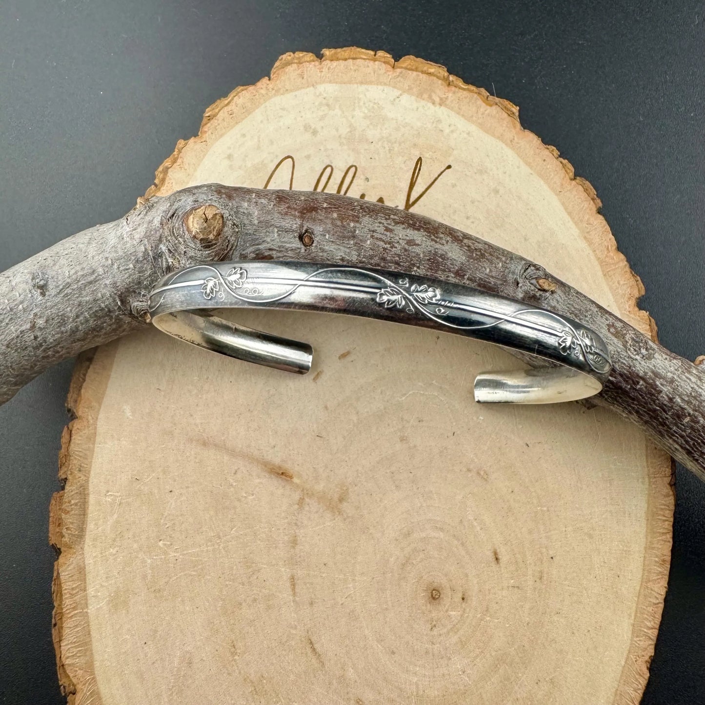 Flower & Vine Sterling Silver Cuff Bracelet – Oxidized Floral Pattern | Nature-Inspired Artisan Jewelry