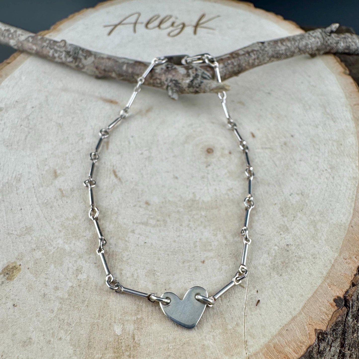 Sterling Silver Asymmetrical Heart Connector Bracelet – Bar & Ring Chain | Handmade Minimalist Jewelry