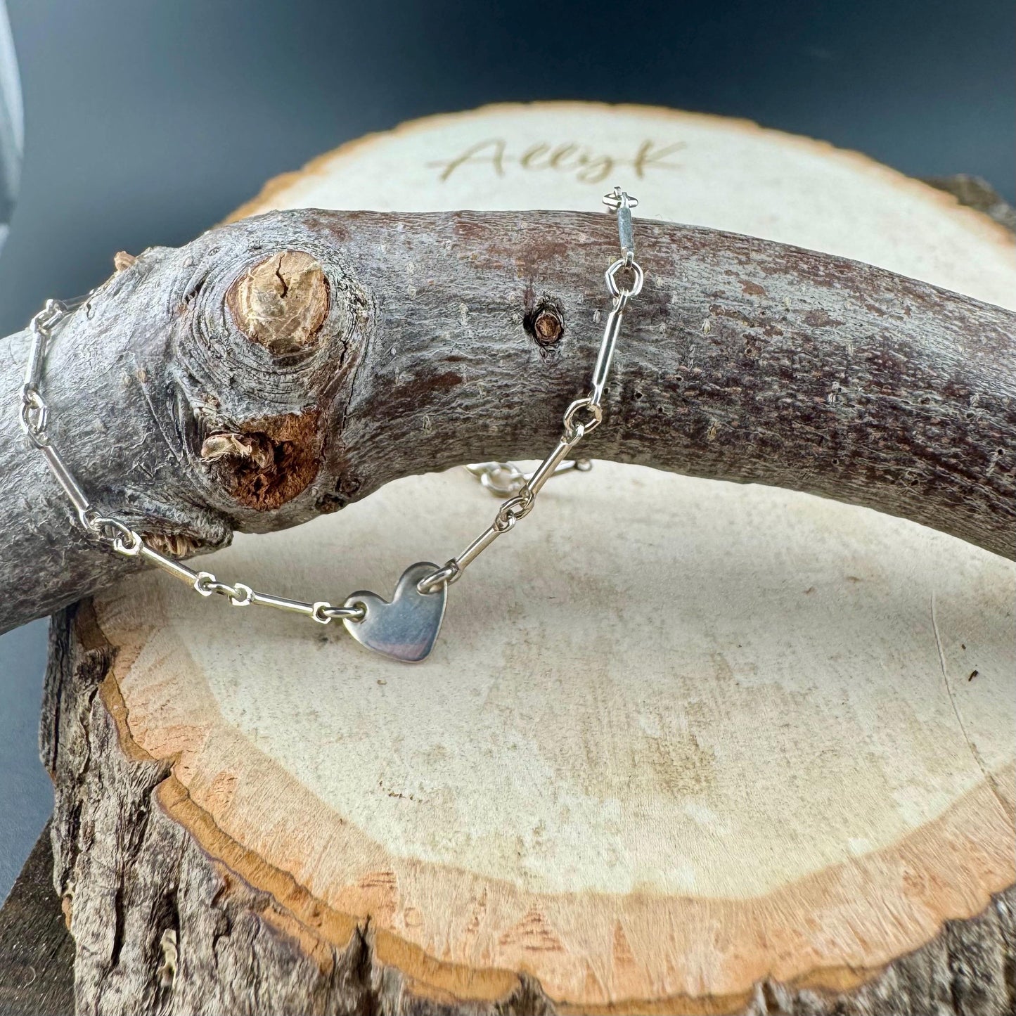 Sterling Silver Asymmetrical Heart Connector Bracelet – Bar & Ring Chain | Handmade Minimalist Jewelry