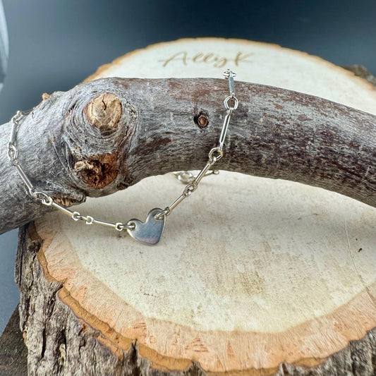 Sterling Silver Asymmetrical Heart Connector Bracelet – Bar & Ring Chain | Handmade Minimalist Jewelry