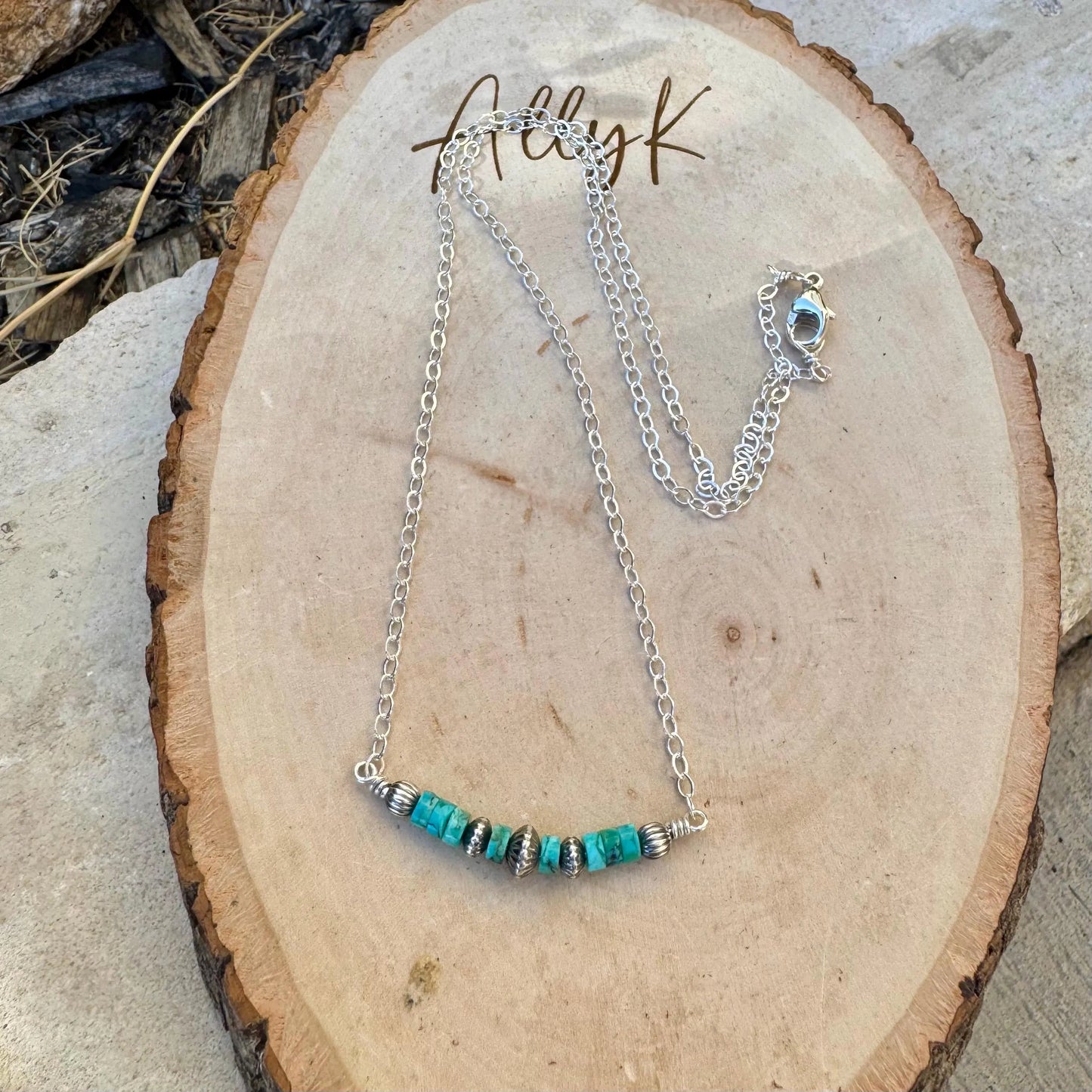 Southwestern Turquoise & Navajo Pearl Bar Necklace – Sterling Silver Pendant