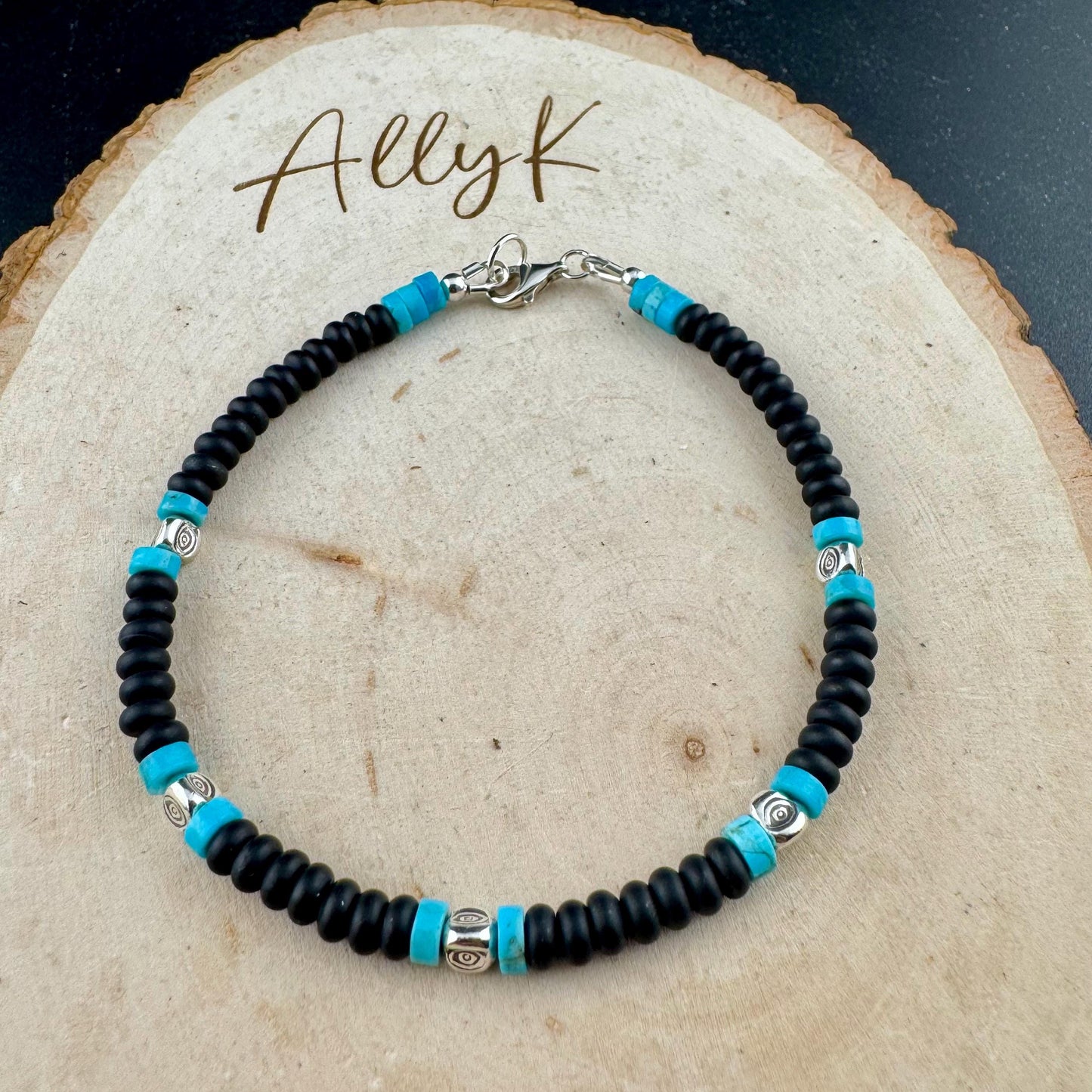 Black Onyx and Kingman Turquoise Bracelet – Sterling Silver Evil Eye or Feather Accents