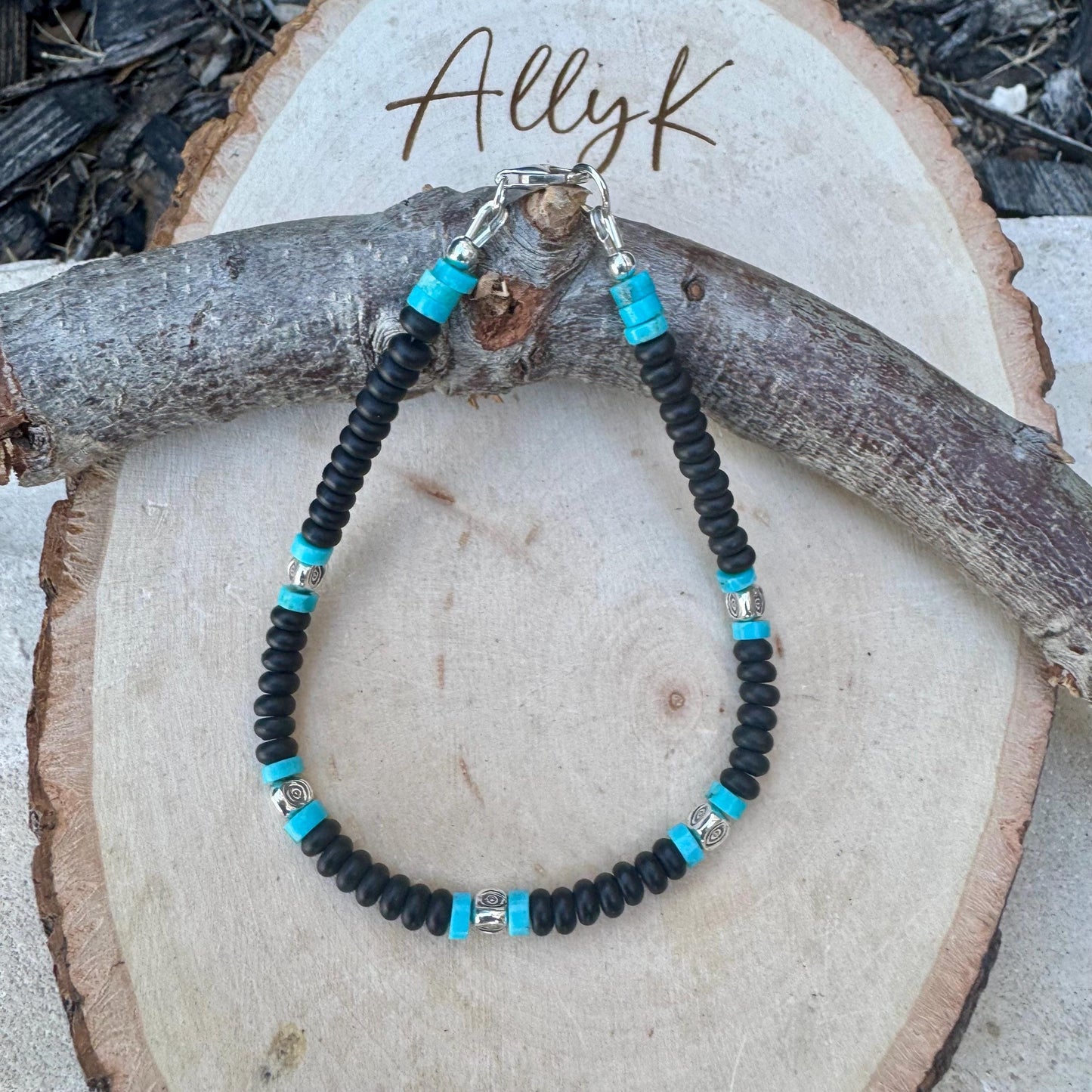 Black Onyx and Kingman Turquoise Bracelet – Sterling Silver Evil Eye or Feather Accents