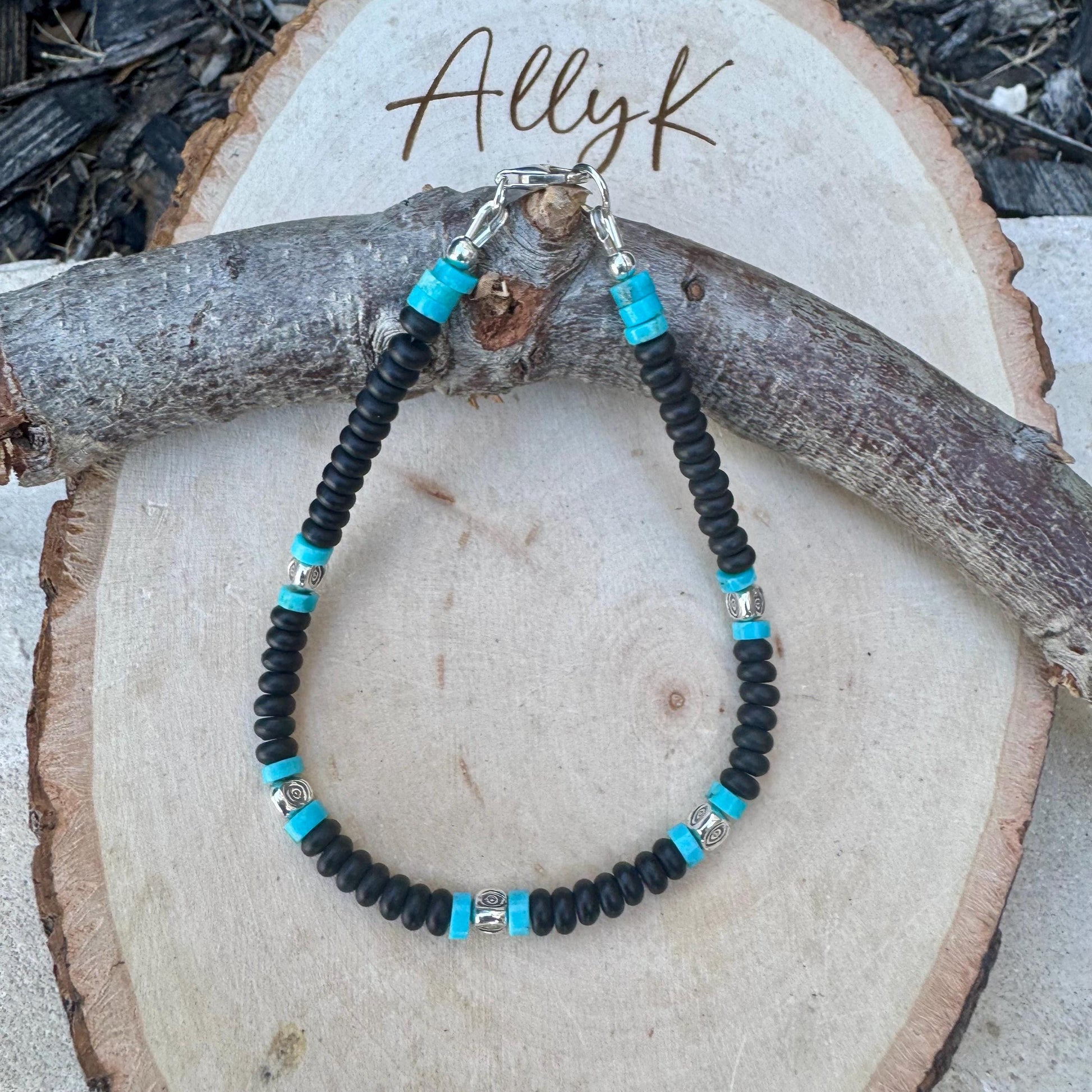 Black Onyx and Kingman Turquoise Bracelet – Sterling Silver Evil Eye or Feather Accents