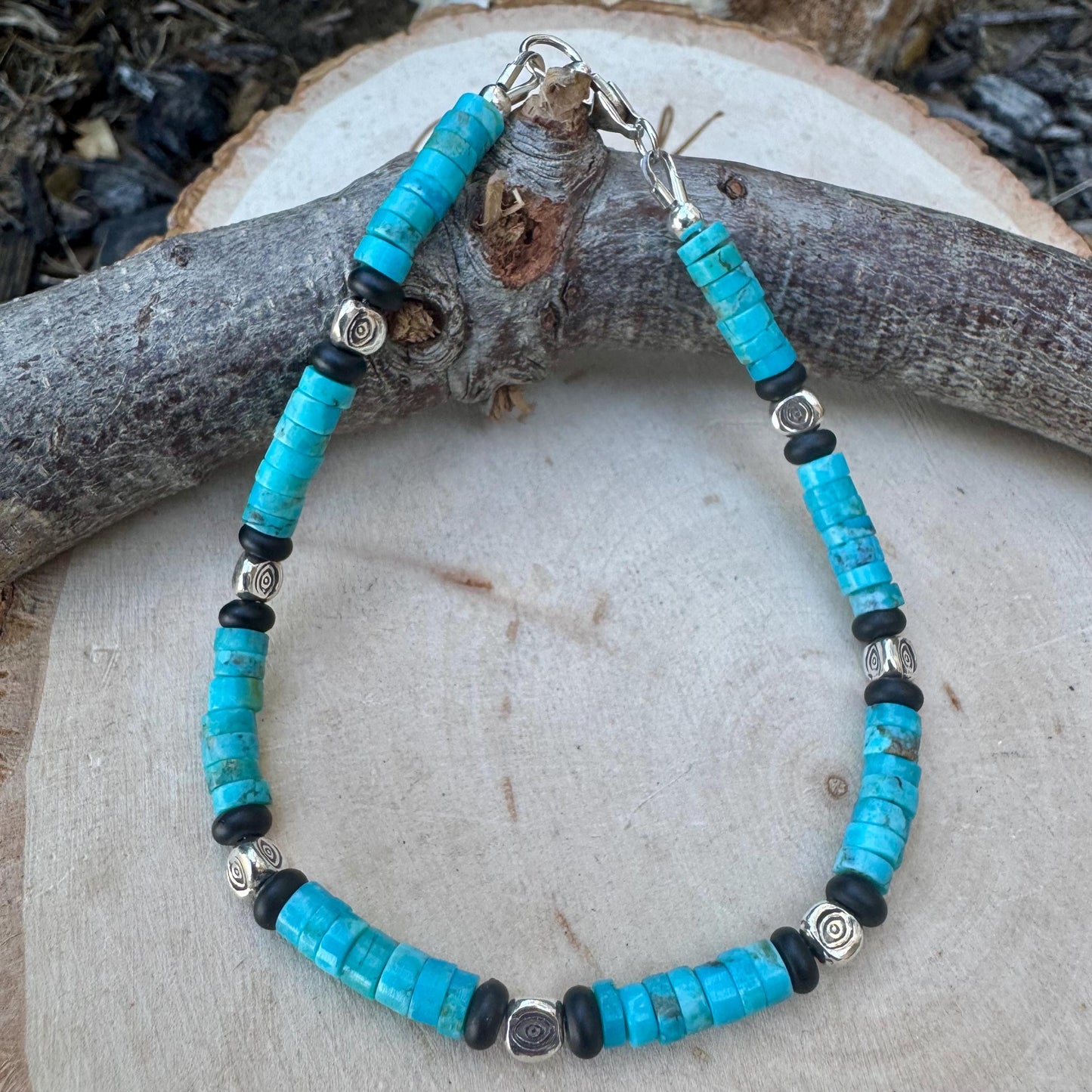 Kingman Turquoise & Black Onyx Bracelet – Sterling Silver Evil Eye or Feather Accents