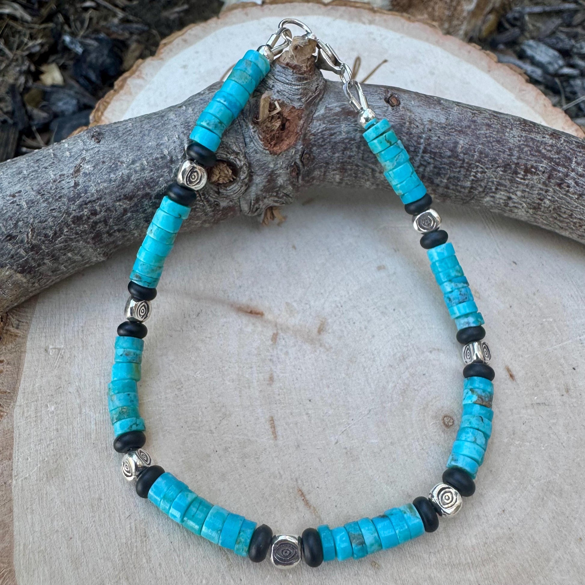 Kingman Turquoise & Black Onyx Bracelet – Sterling Silver Evil Eye or Feather Accents