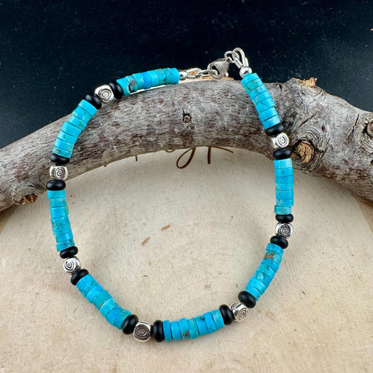 Kingman Turquoise & Black Onyx Bracelet – Sterling Silver Evil Eye or Feather Accents