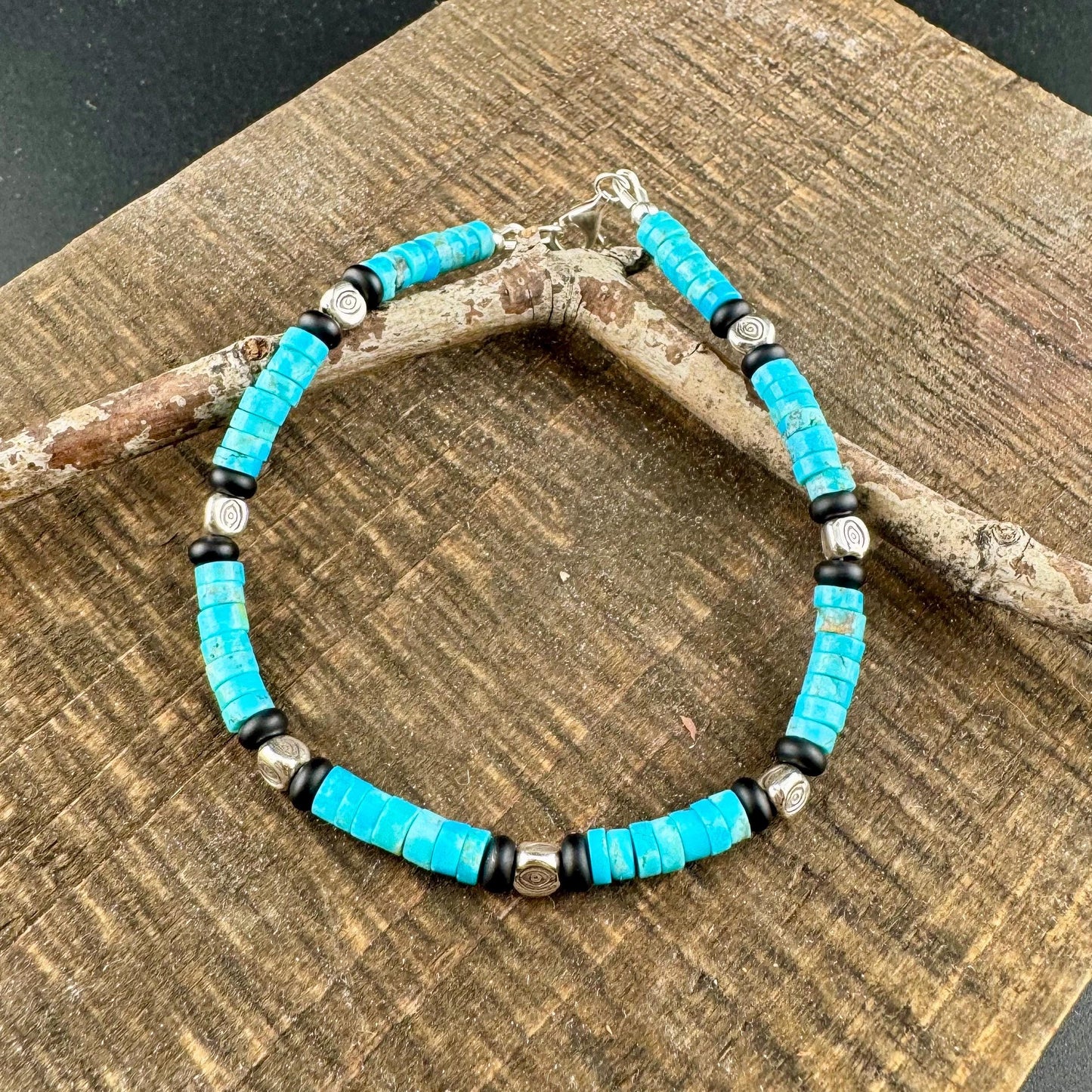 Kingman Turquoise & Black Onyx Bracelet – Sterling Silver Evil Eye or Feather Accents