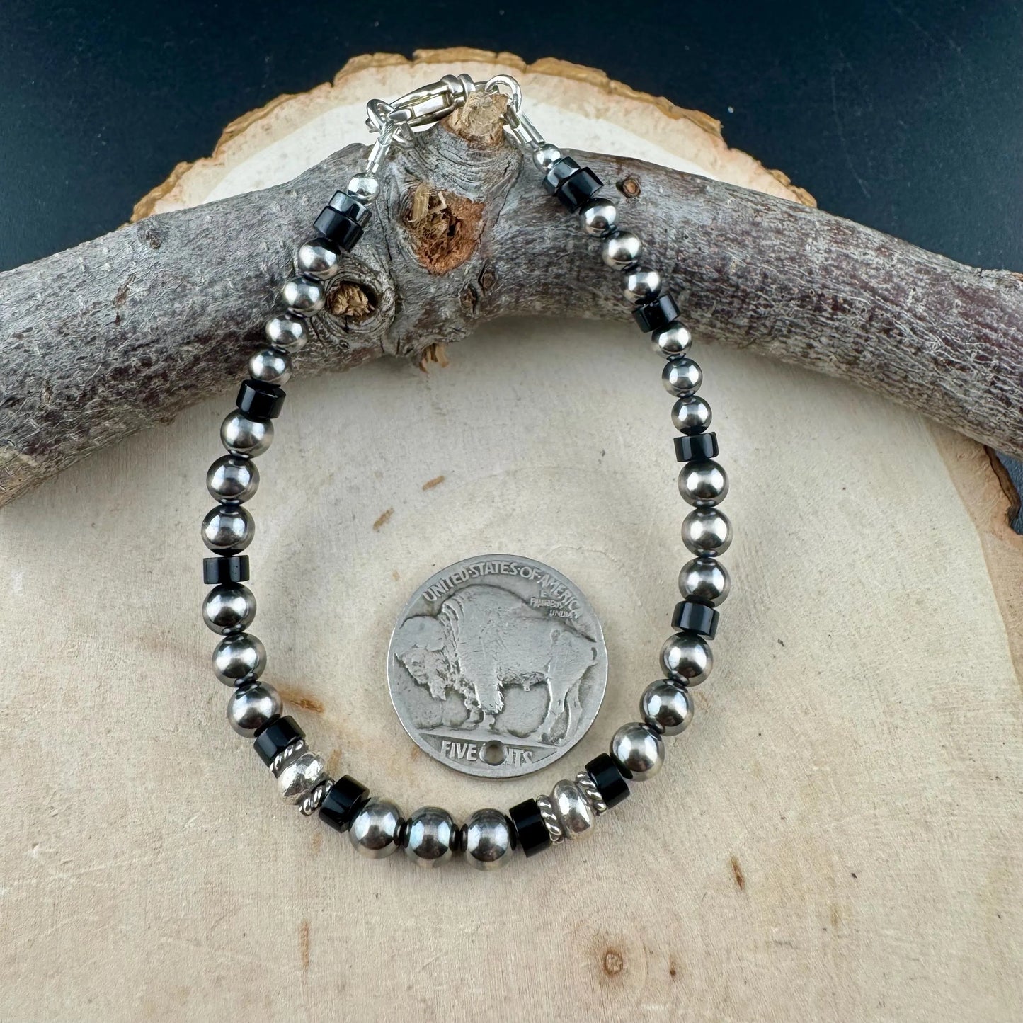 Navajo Pearl Onyx Bracelet, Sterling Silver Gemstone Beaded Bracelet