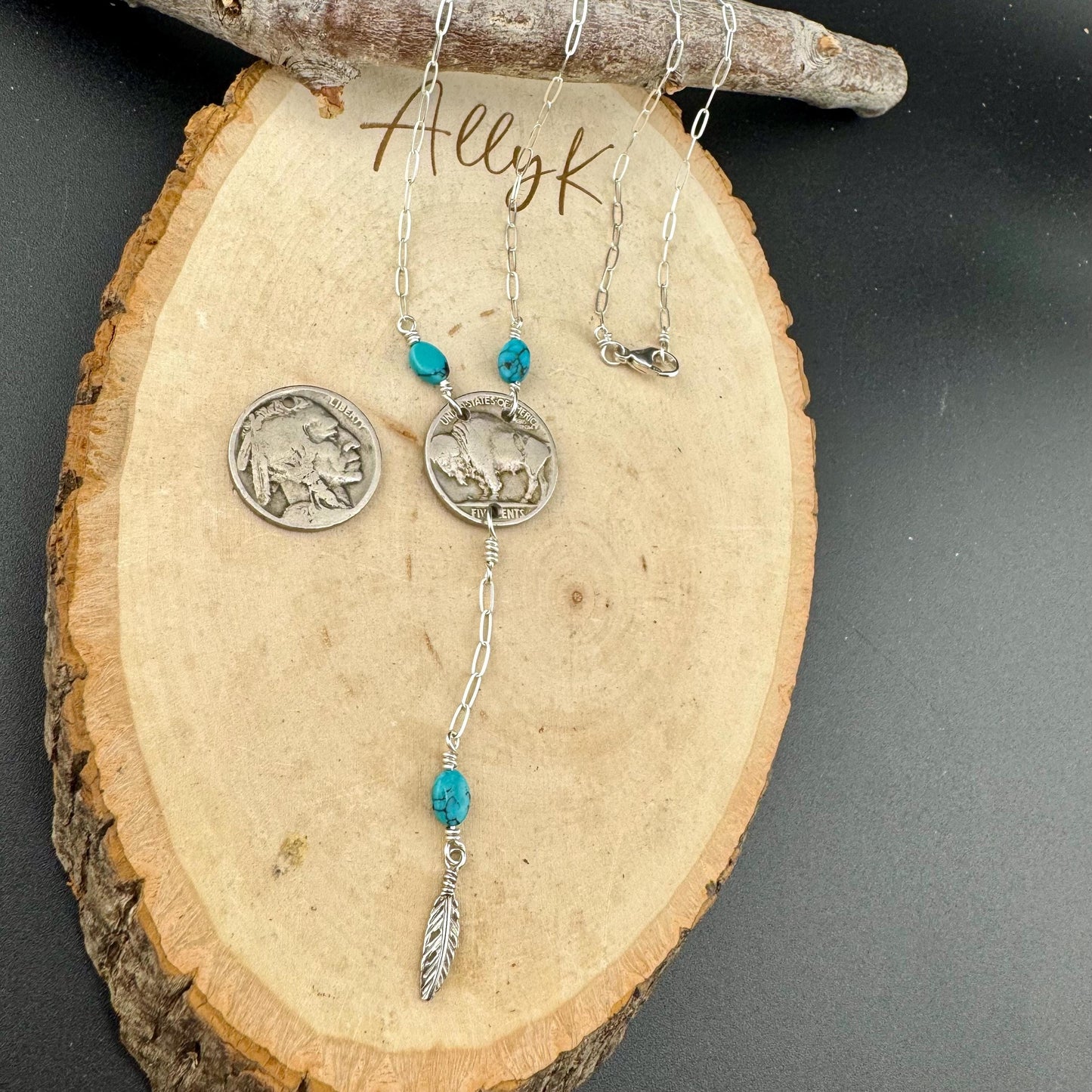 Vintage Indian Head Buffalo Nickel Lariat Necklace with Royston Turquoise on Sterling Silver