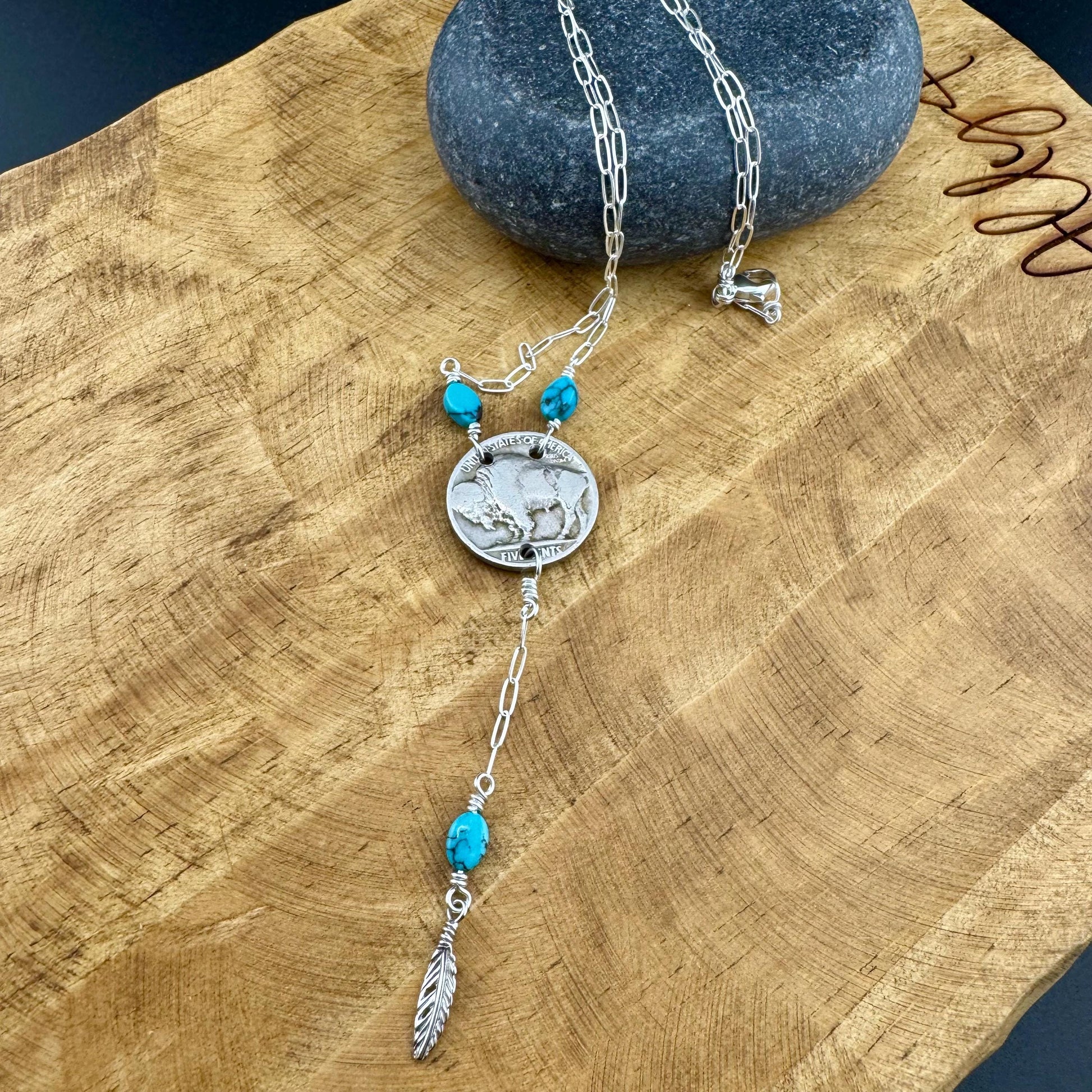 Vintage Indian Head Buffalo Nickel Lariat Necklace with Royston Turquoise on Sterling Silver