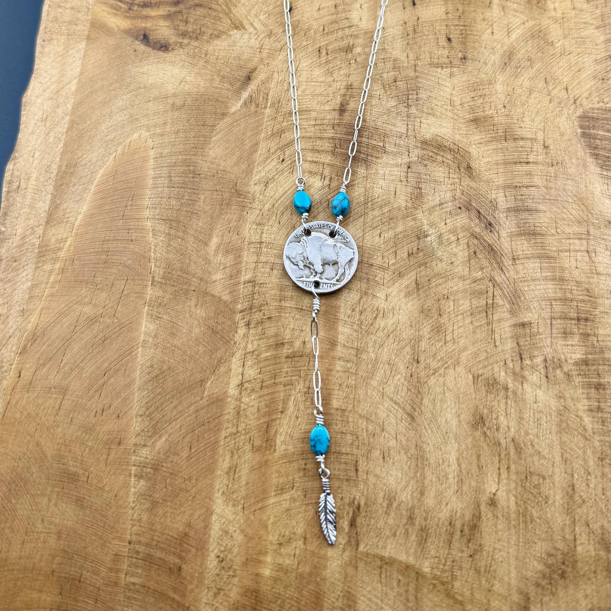 Vintage Indian Head Buffalo Nickel Lariat Necklace with Royston Turquoise on Sterling Silver