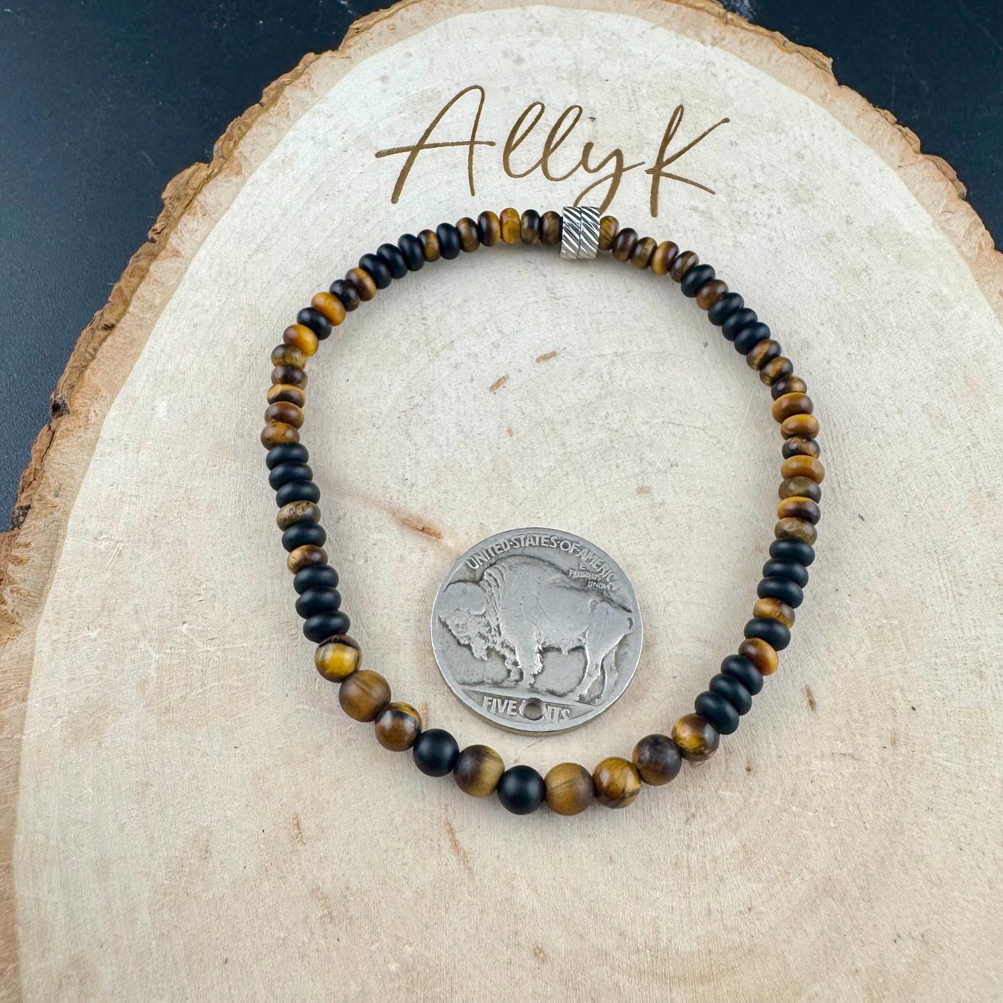 Black Onyx and Tiger's Eye Stretch Bracelet - Unisex Natural Gemstone Jewelry