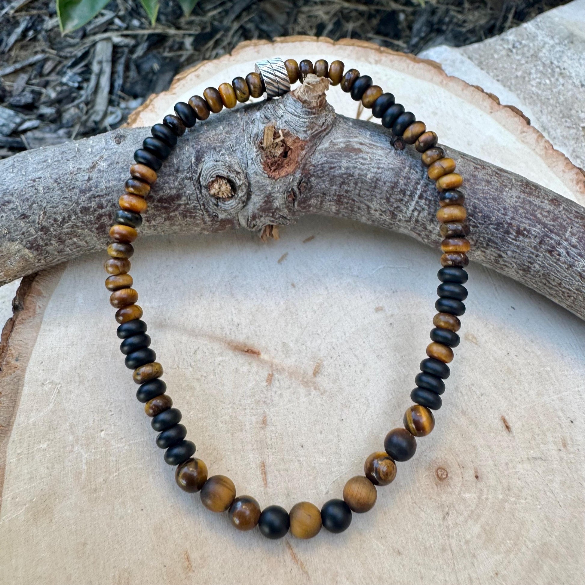 Black Onyx and Tiger's Eye Stretch Bracelet - Unisex Natural Gemstone Jewelry