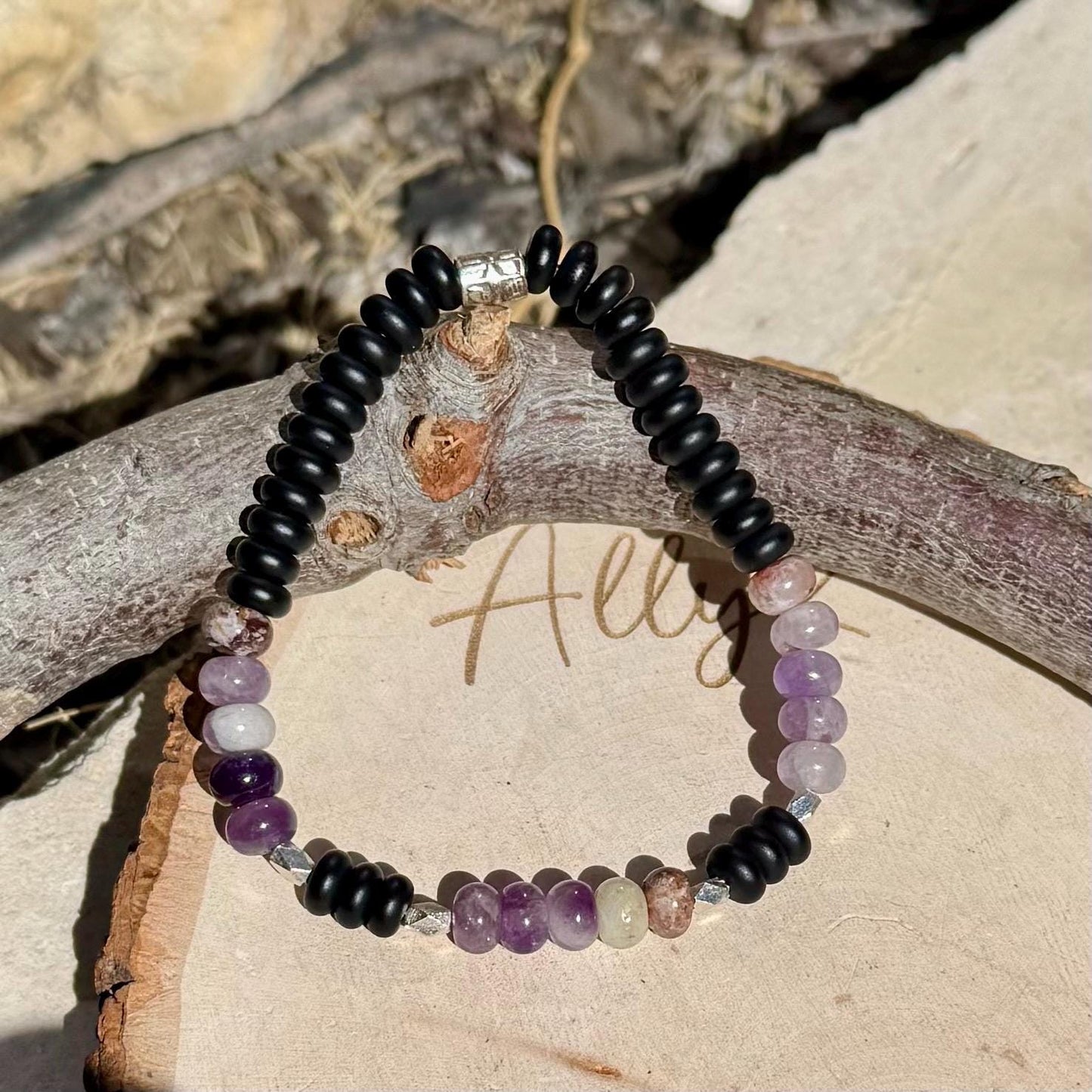 Amethyst & Onyx Sterling Silver Stretch Bracelet | Natural Gemstone Jewelry