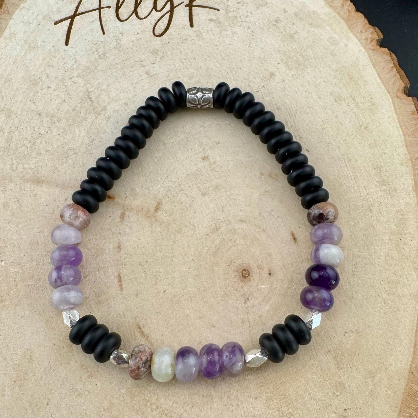 Amethyst & Onyx Sterling Silver Stretch Bracelet | Natural Gemstone Jewelry