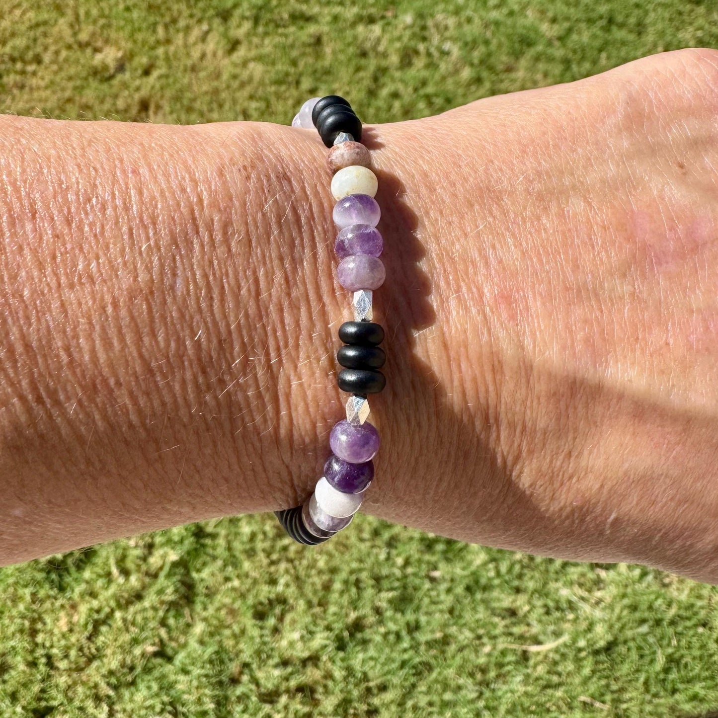 Amethyst & Onyx Sterling Silver Stretch Bracelet | Natural Gemstone Jewelry