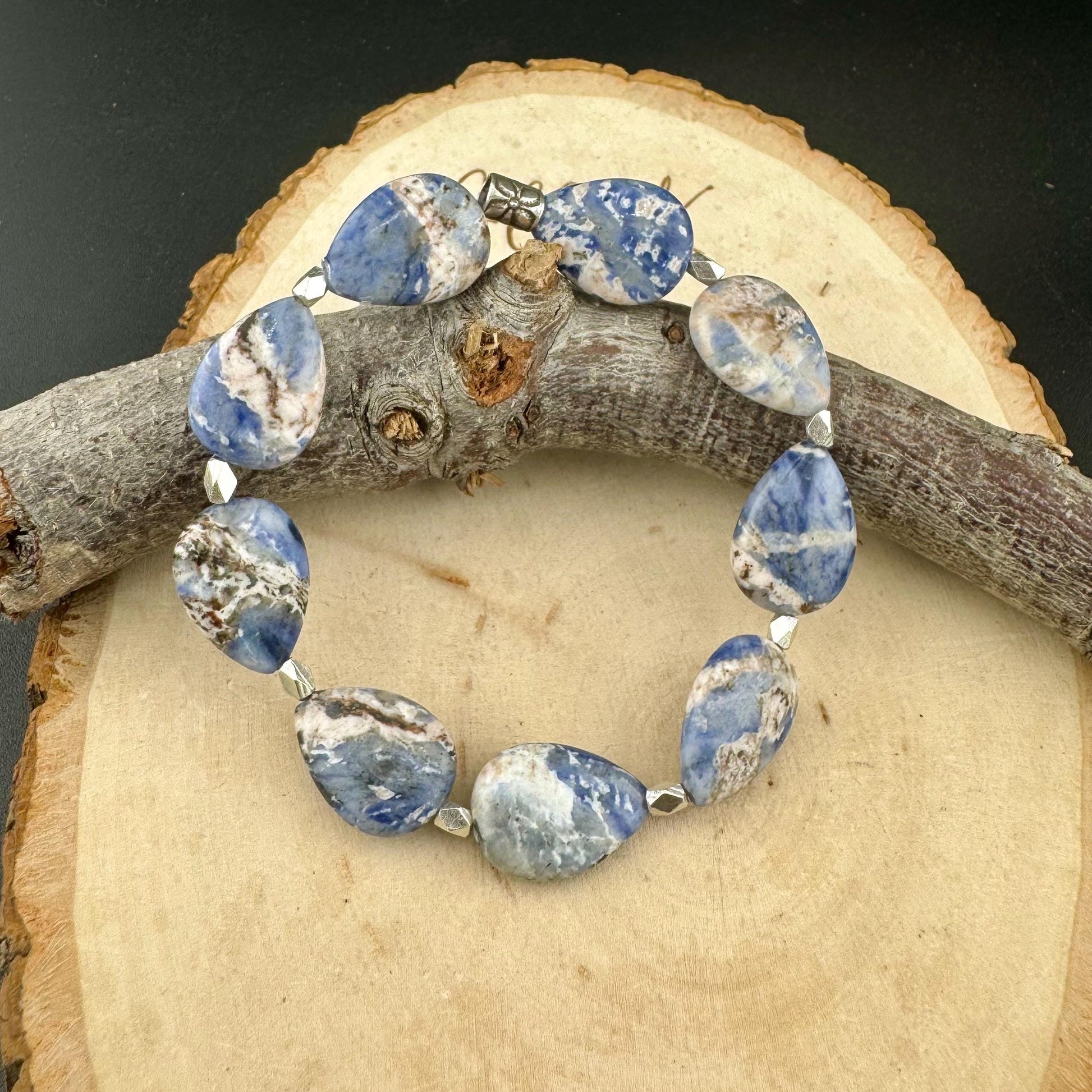 Teardrop Blue Sodalite Gemstone Bracelet | Sterling Silver Stretch Jewelry