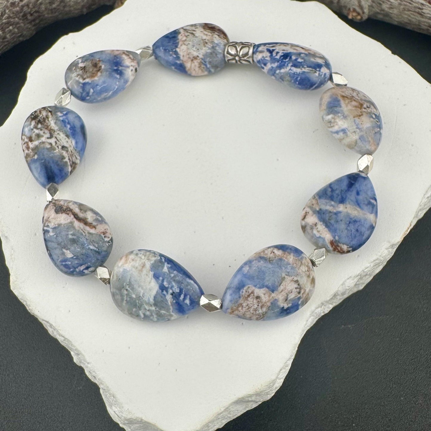 Teardrop Blue Sodalite Gemstone Bracelet | Sterling Silver Stretch Jewelry