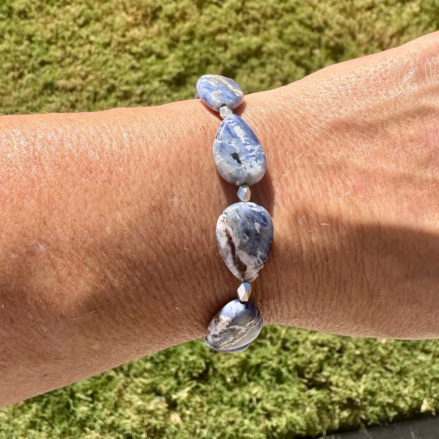Teardrop Blue Sodalite Gemstone Bracelet | Sterling Silver Stretch Jewelry