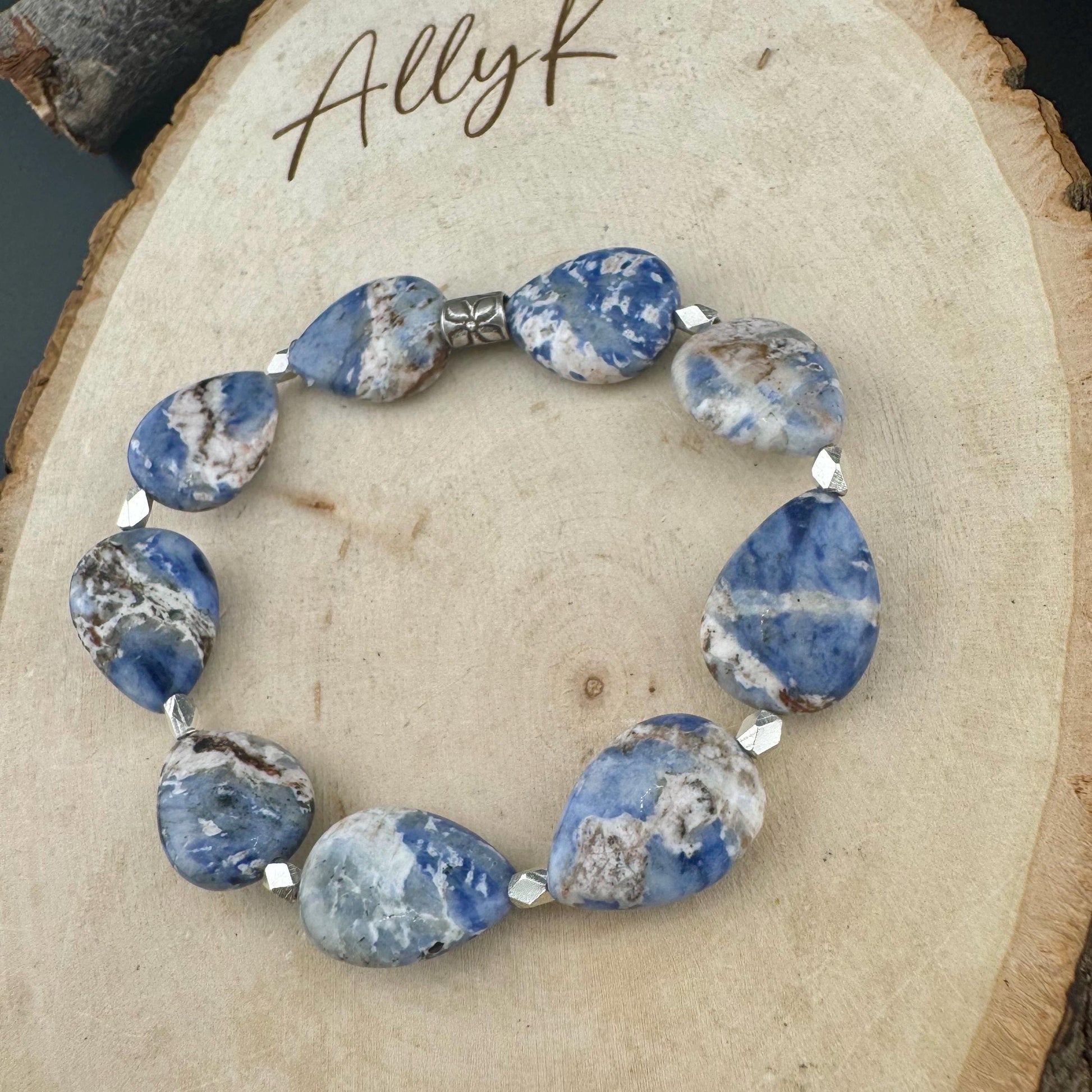 Teardrop Blue Sodalite Gemstone Bracelet | Sterling Silver Stretch Jewelry