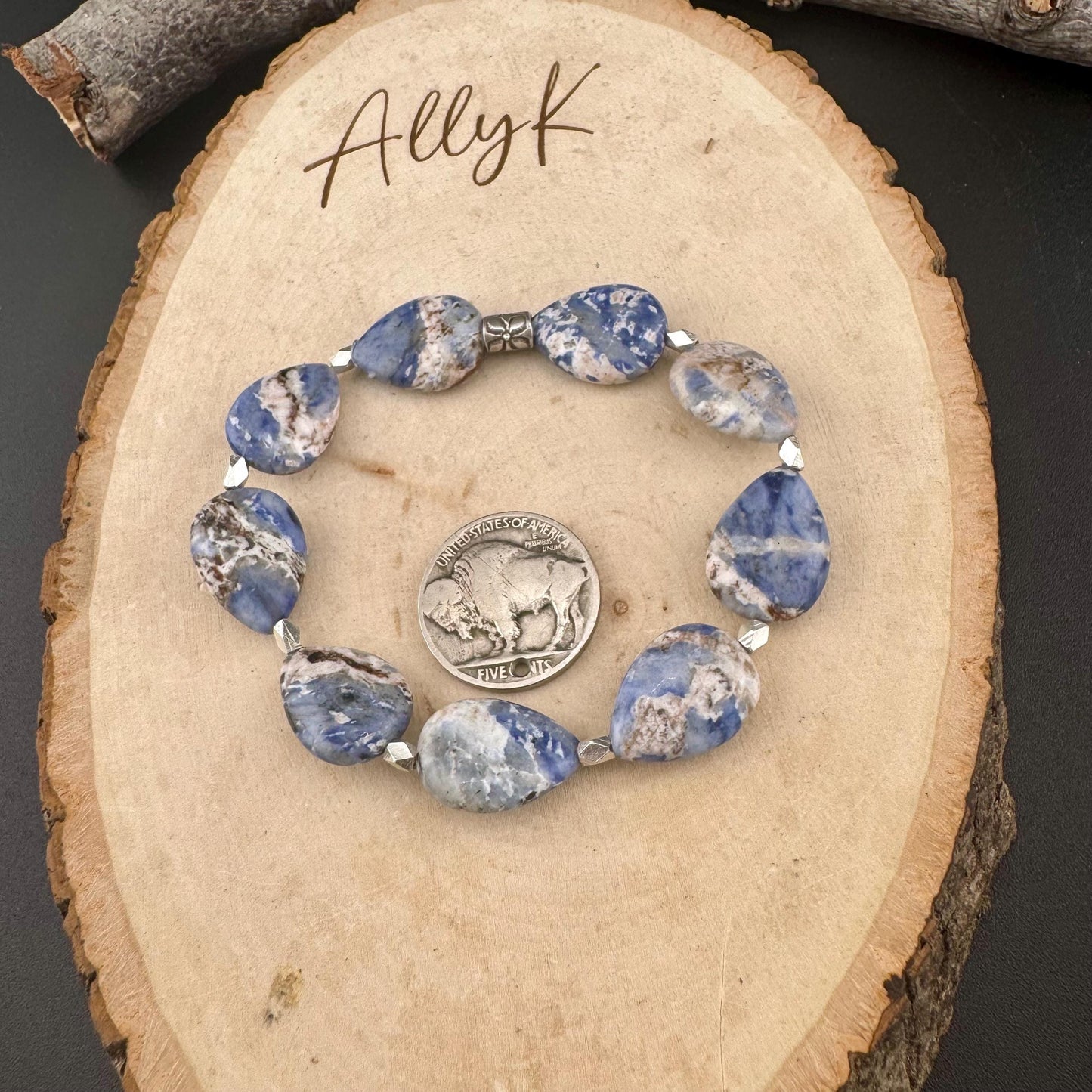 Teardrop Blue Sodalite Gemstone Bracelet | Sterling Silver Stretch Jewelry