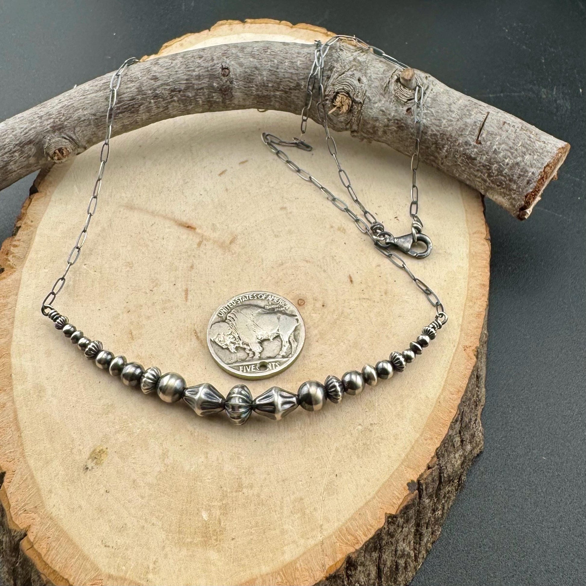 Extended Graduated Bar Horizontal Navajo Pearl Necklace in Sterling Silver - Southwestern Jewelry