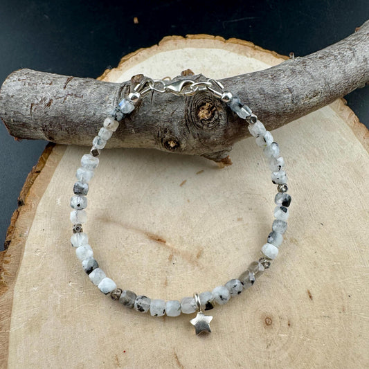 Sterling Silver Star Charm Anklet with Rainbow Moonstone and Black Tourmaline