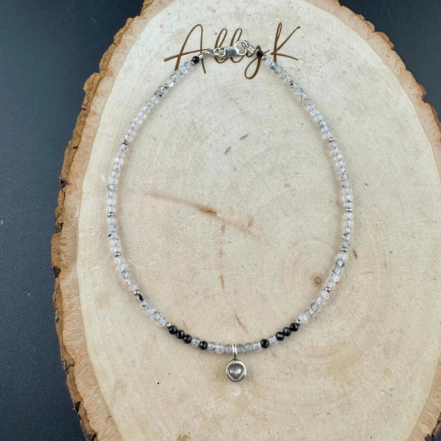 Hematite Phantom Quartz Anklet with Black Spinel Heart Charm