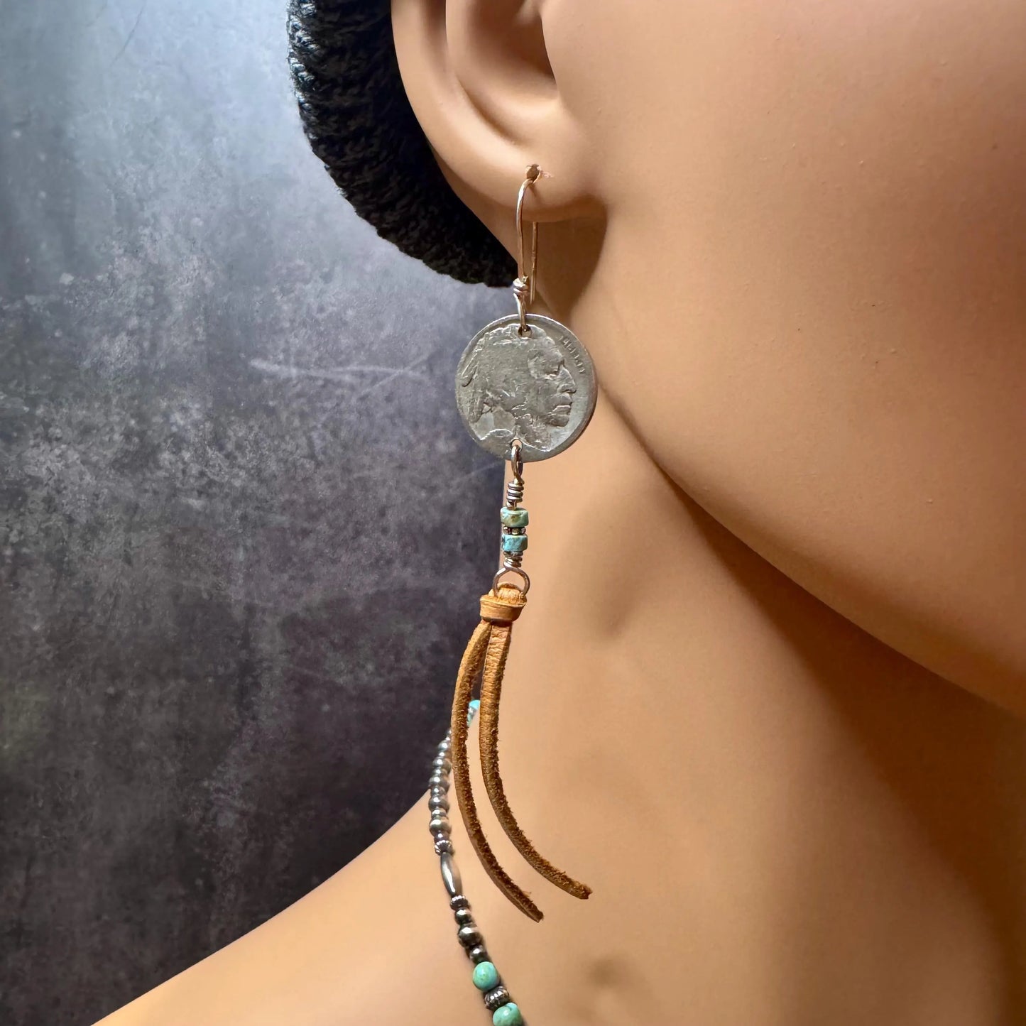 Indian Head Buffalo Nickel Earrings, Deerskin Leather Earrings, Turquoise Gemstone Jewelry, Leather Earrings, Bohemian Style