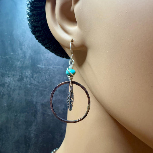 Kingman Turquoise Earrings with Feather Dangle - Copper and Sterling Silver Handcrafted Earrings