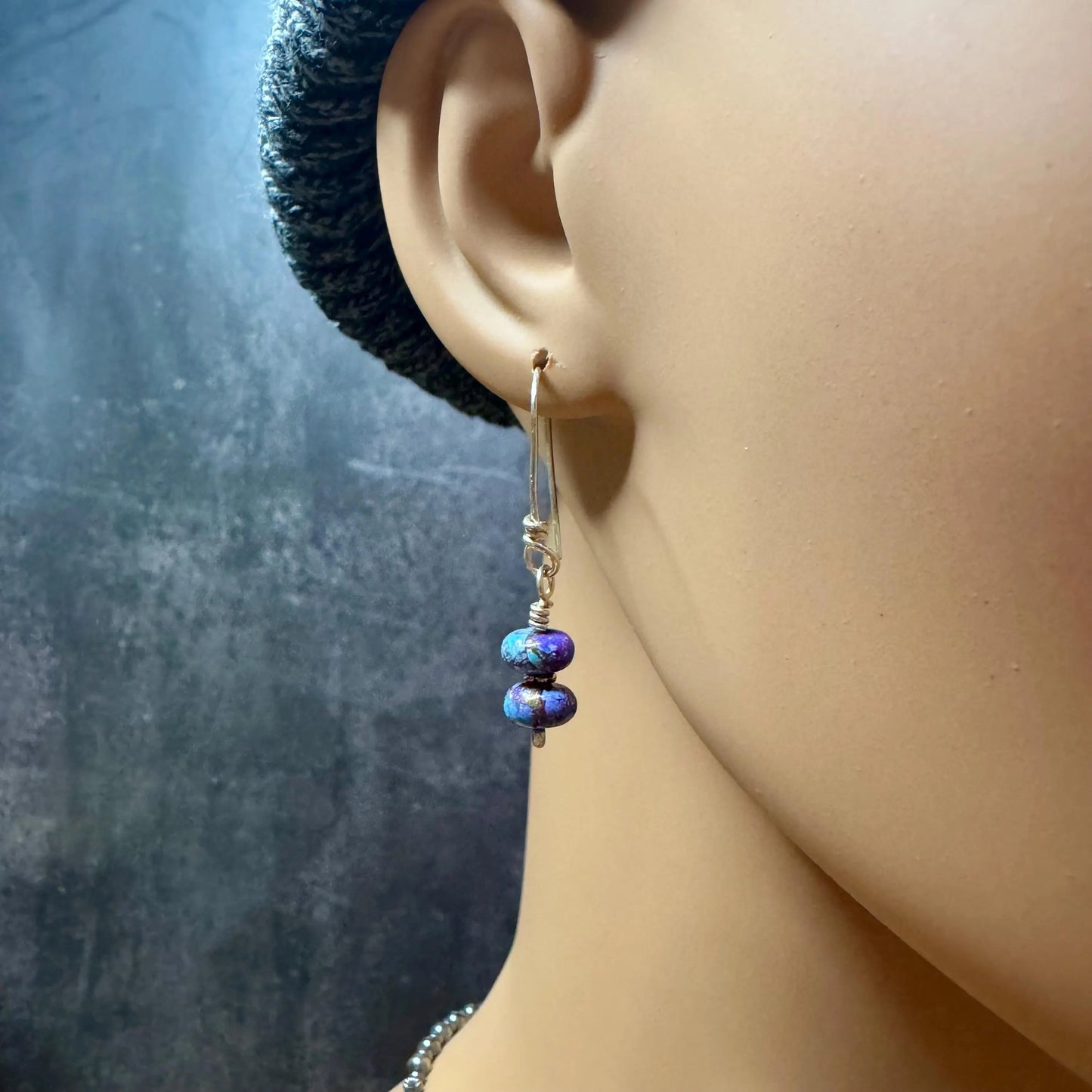 Handcrafted Turquoise Dangle Earrings with Exotic Spotted Mohave Purple Stones - Trendy Jewelry