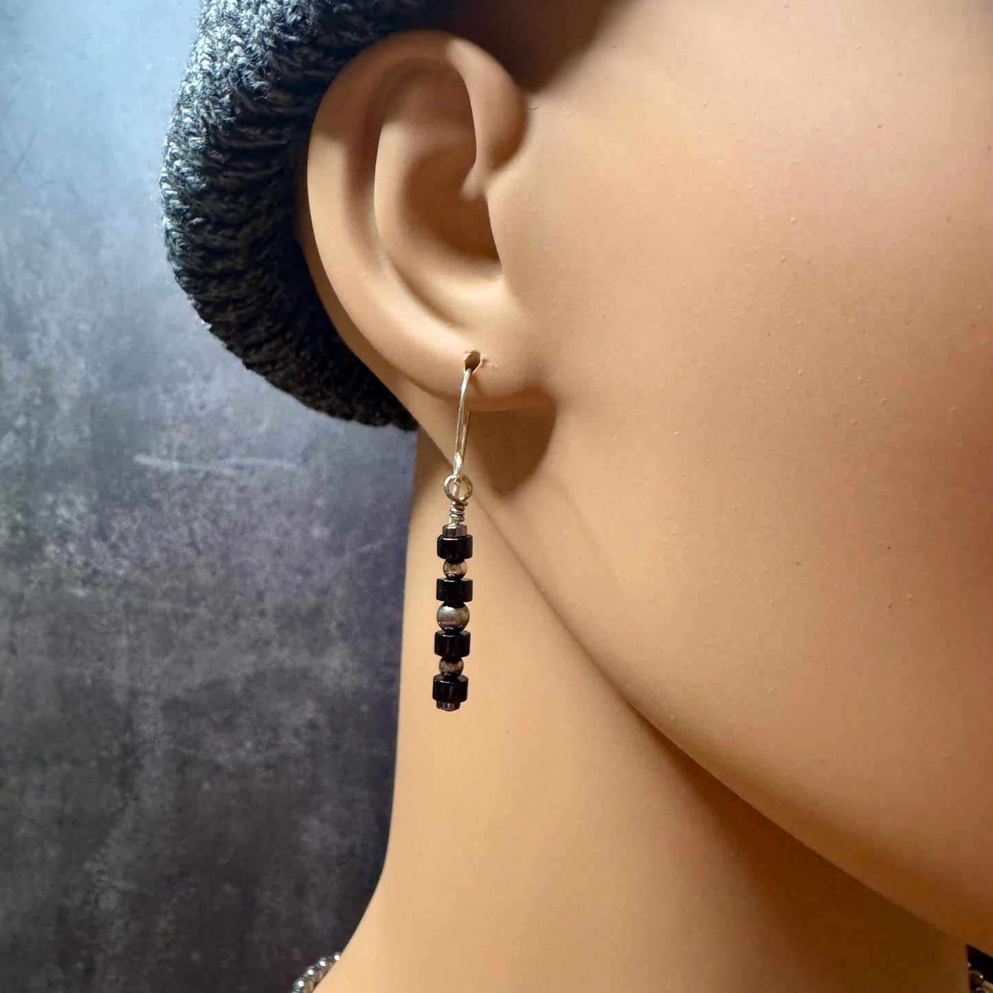 Navajo Pearl Earrings with Hematite & Onyx, Sterling Silver Gemstone Dangle Earrings