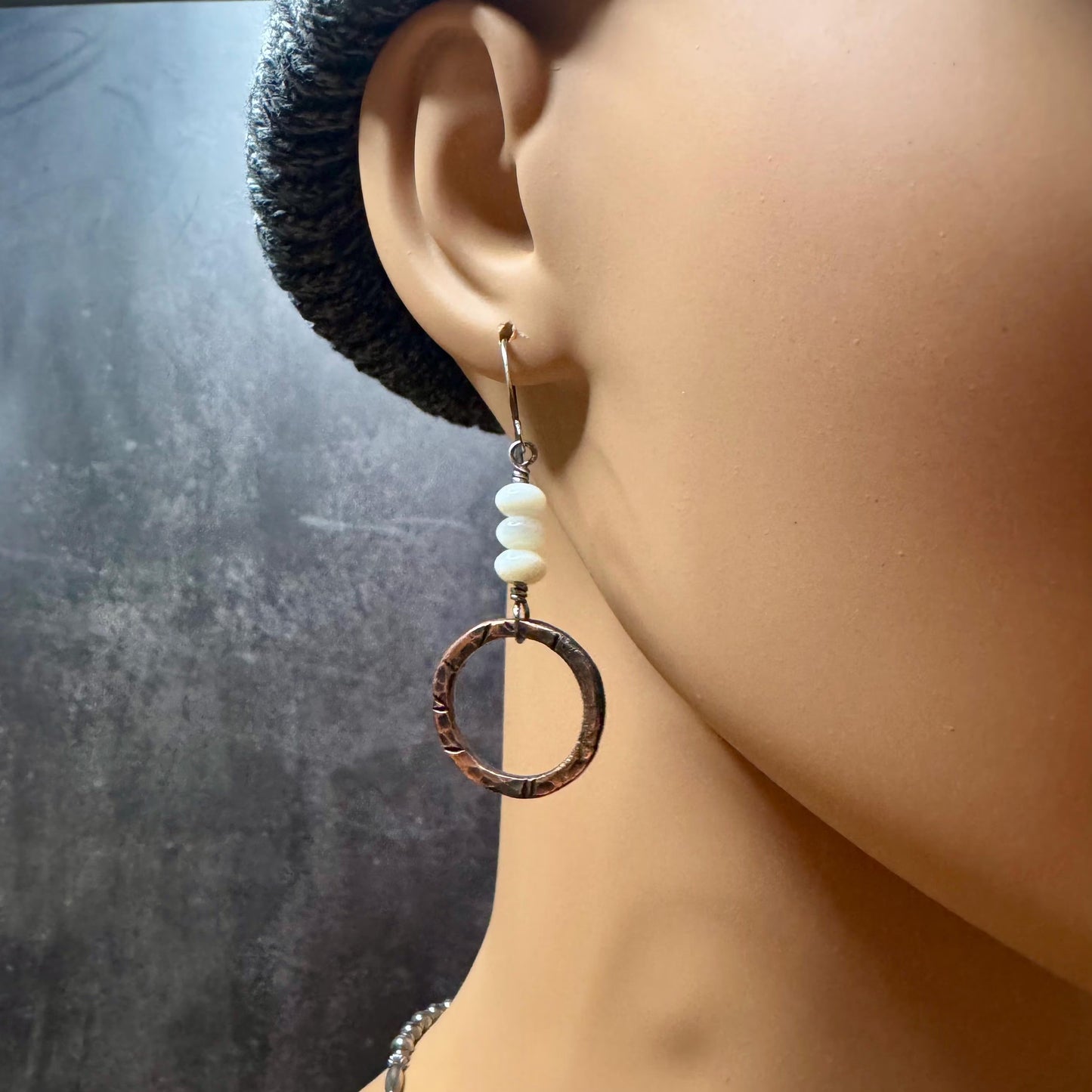 Artisan Copper & Sterling Silver Earrings with Mother of Pearl - Unique Mixed Metal Jewelry