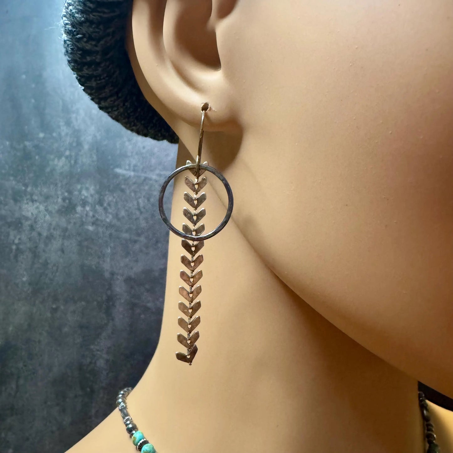 Chevron Chain Earrings, Sterling Silver Circle Accent Earrings